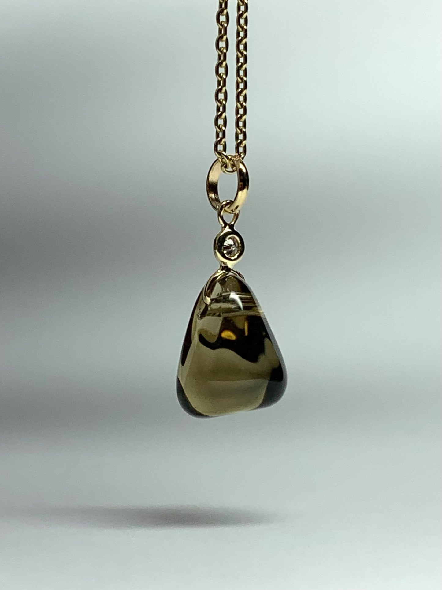 14k Solid Yellow Gold, Diamond, Dark Lemon Quartz Tumbled Nugget Bead Pendant, Mini Size
