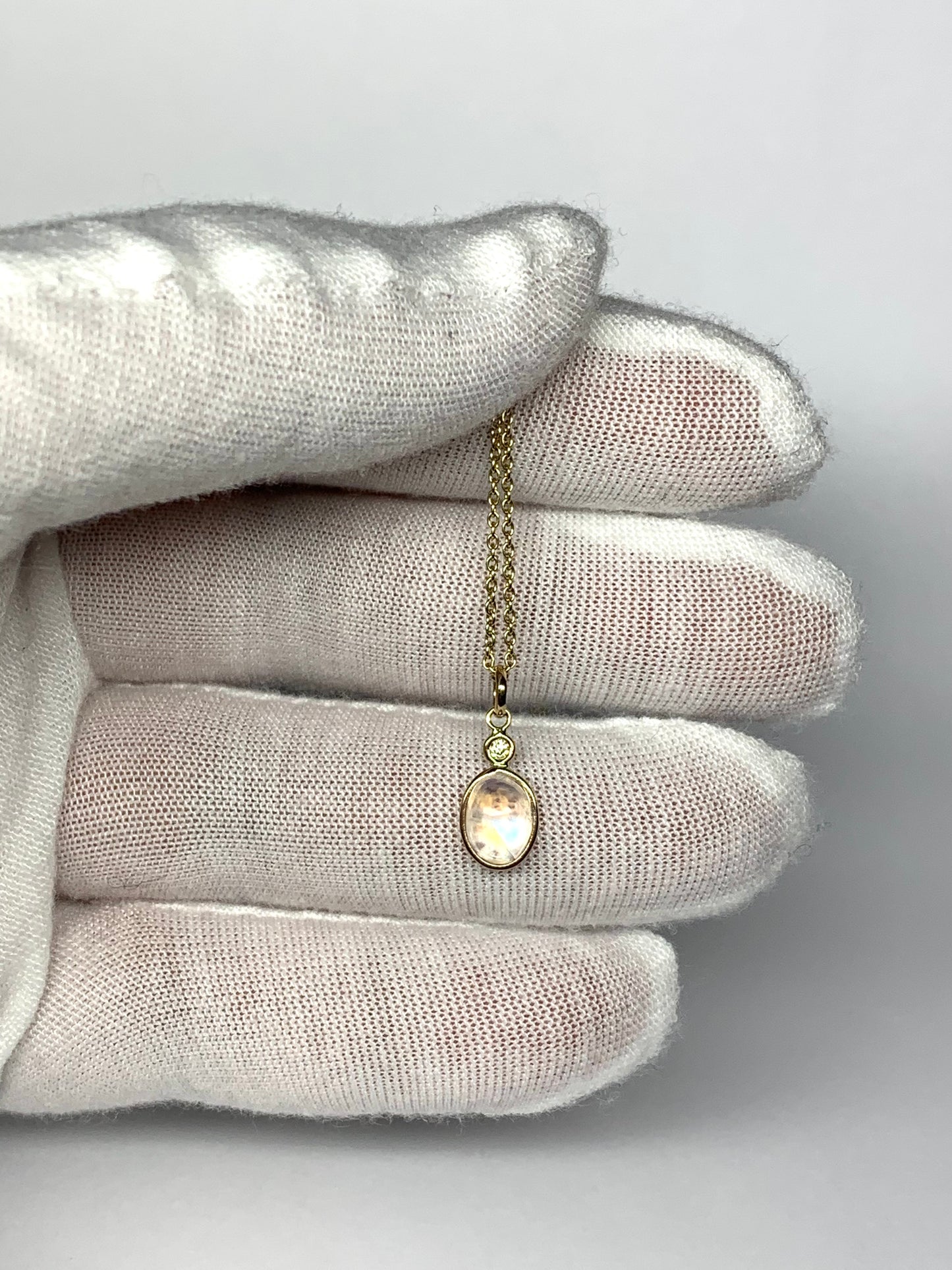 Tiny 14k Solid Yellow Gold, Diamond, Oval Blue Rainbow Moonstone Mini Pendant