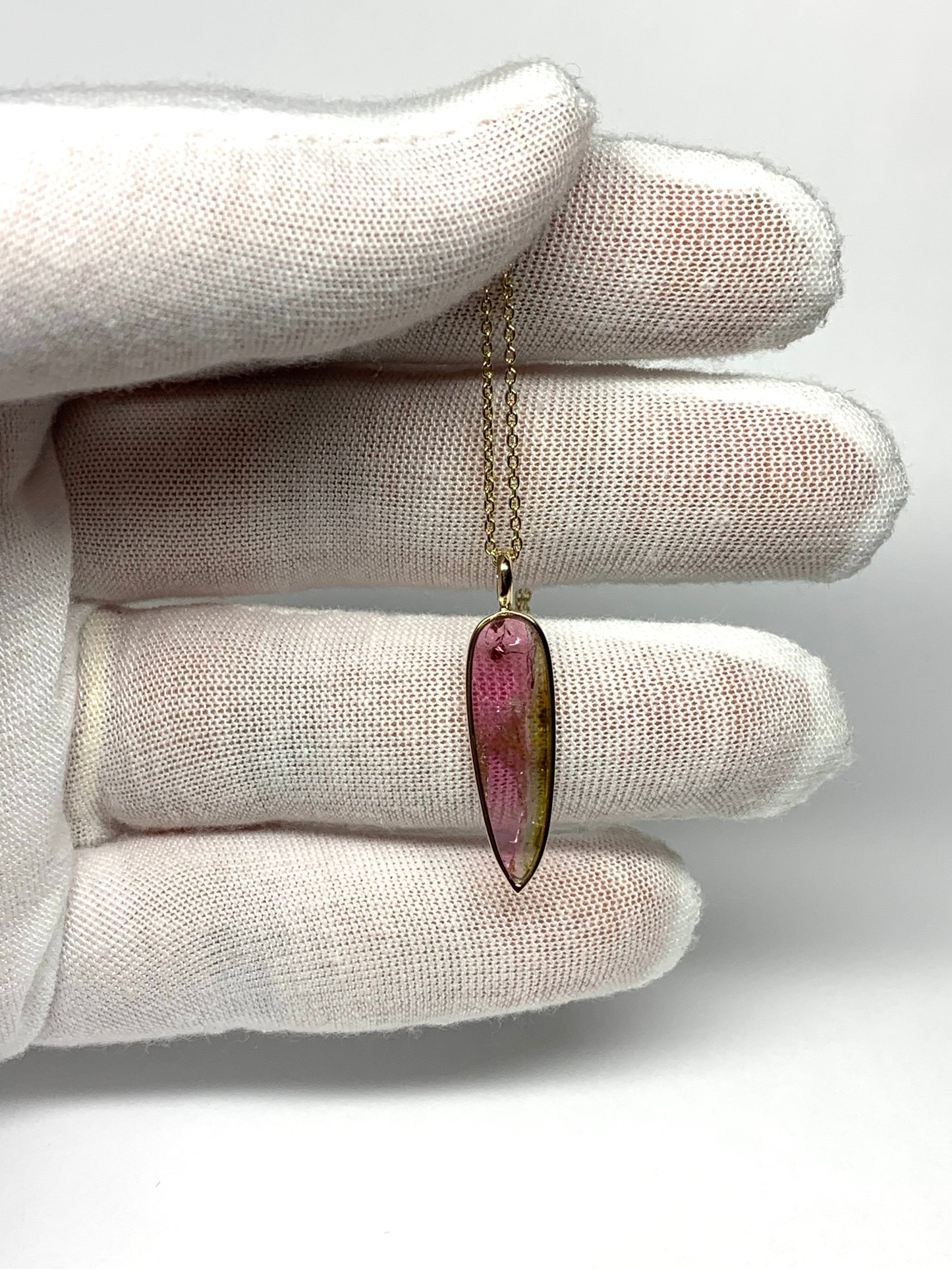 14k Solid Yellow Gold, Natural Bicolor Green Pink Tourmaline “Arrowhead” Pendant