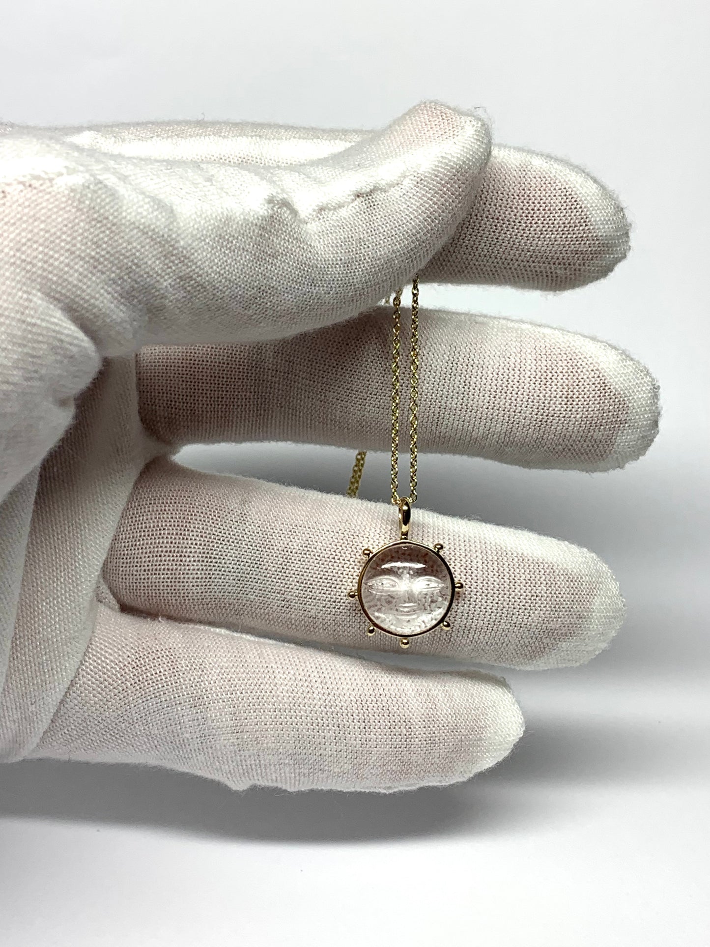 14K Solid Yellow Gold, Natural Clear Quartz “Sun” Pendant, Small Size