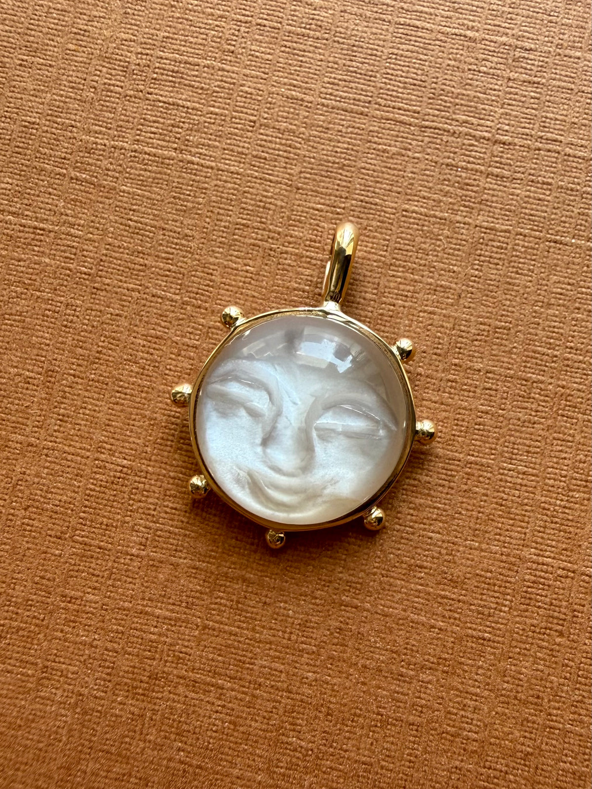 14k Solid Yellow Gold, White Moonstone “Sun” Pendant, Small Size
