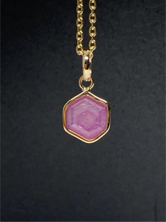 14k Solid Yellow Gold, Natural Pink Opaque Sapphire Hexagon Pendant, Tiny Size