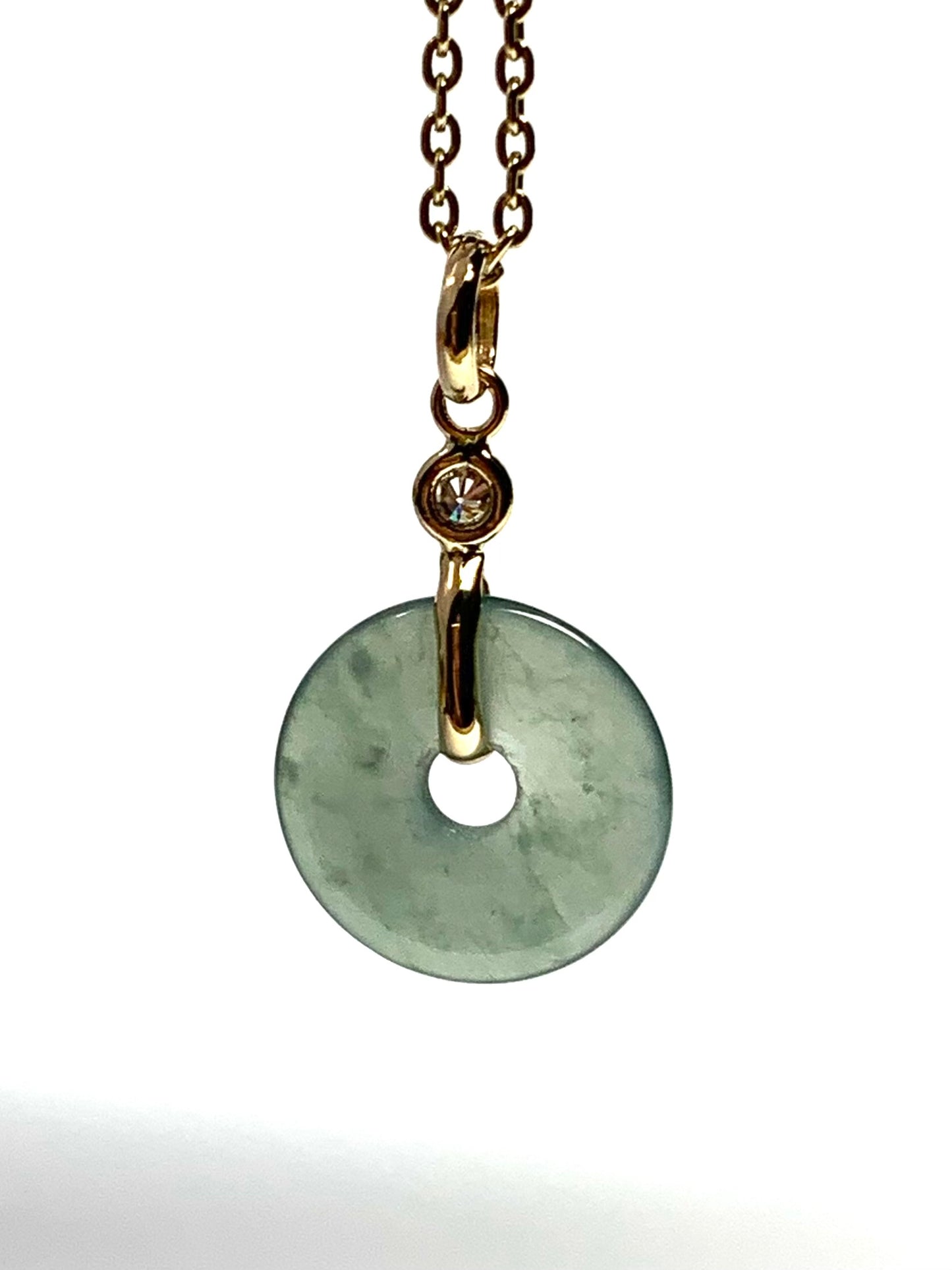 14k Solid Yellow Gold, White Diamond, Pale Green Jade “Donut” Pendant, Tiny Size