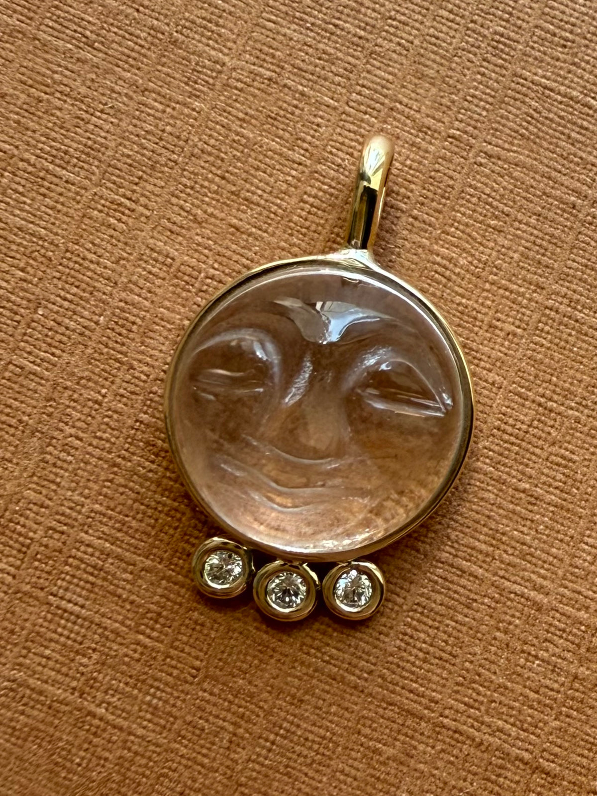 14k Solid Yellow Gold, Clear Quartz, White Diamonds “Moon and Stars” Pendant, Carved Face, Small Size