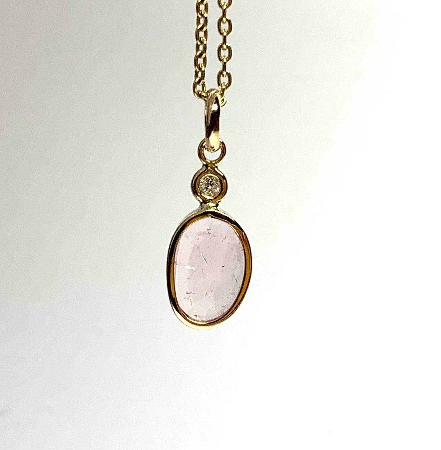 14k Solid Yellow Gold, White Diamond, Pink Tourmaline Tiny Pendant