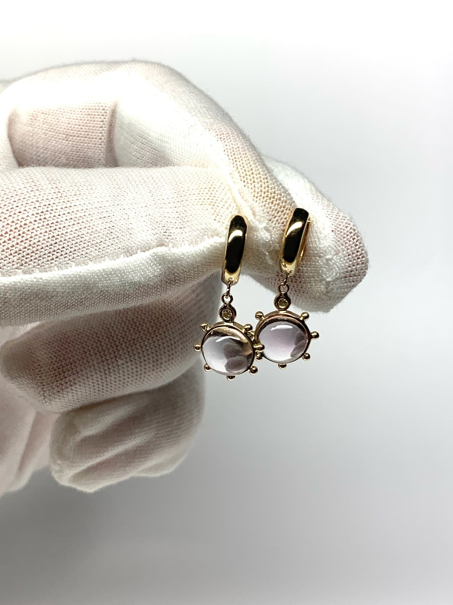 14k Solid Yellow Gold, Diamonds, Pale Pink Amethyst “Sun” Mini Earrings