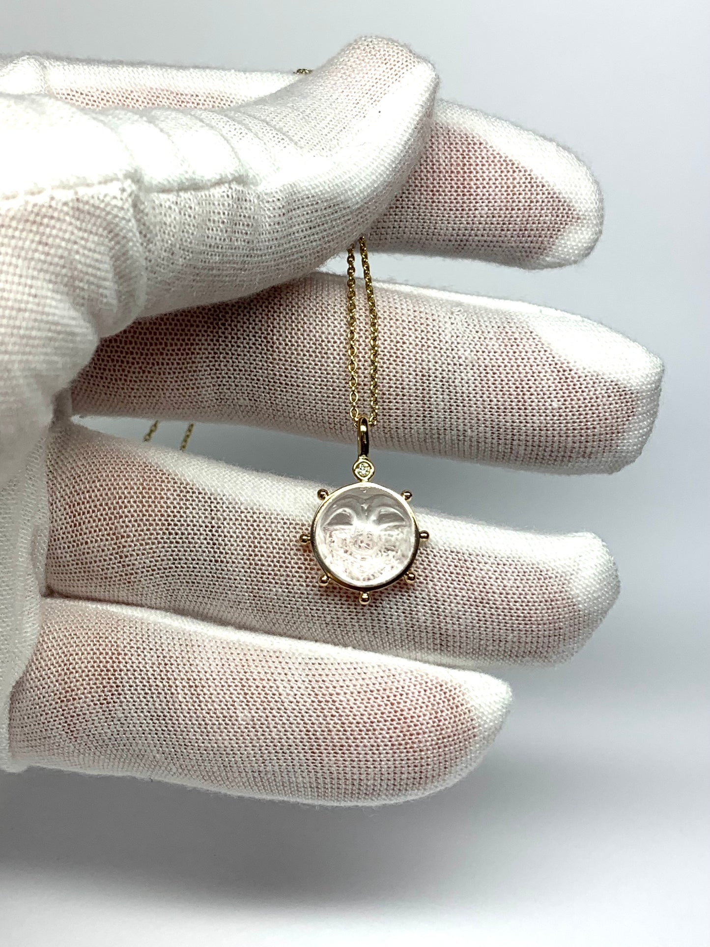 14k Solid Yellow Gold, Clear Quartz, Diamond “Sun” Pendant