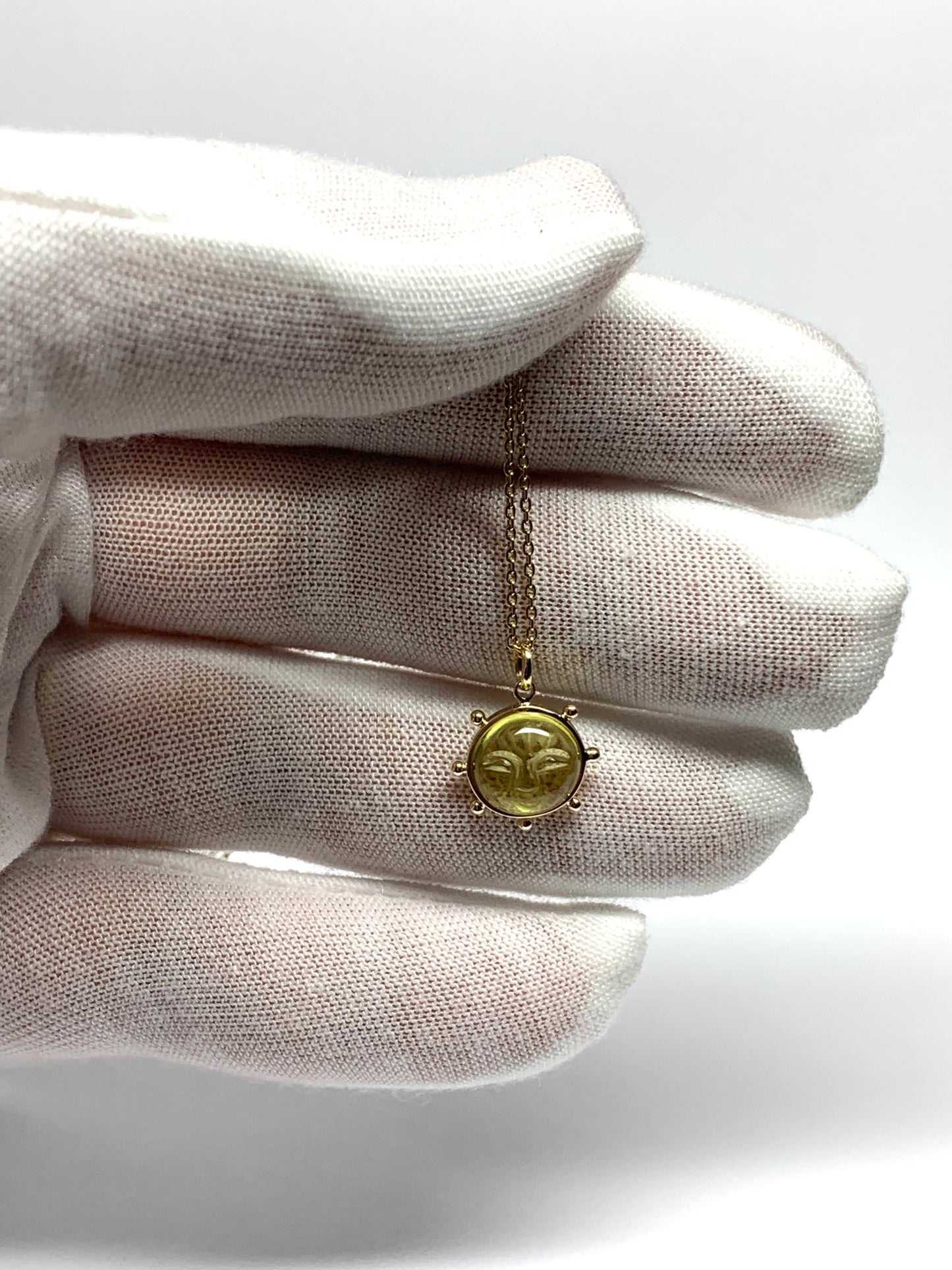 “Mini Sun" Pendant, 14K Solid Yellow Gold, Lemon Olive Quartz, Tiny Size