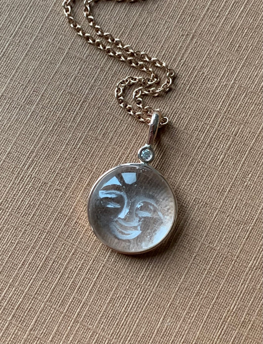 14k Solid Rose Gold, Clear Quartz, White Diamond “Moon and Star” Pendant, Carved Face, Small Size