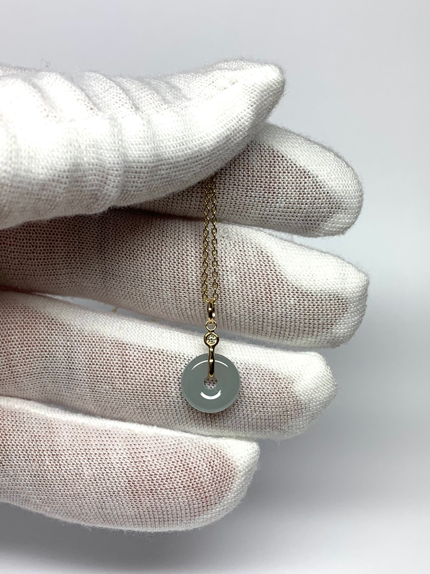 14k Solid Yellow Gold, White Diamond, Pale Green Jade “Donut” Pendant, Tiny Size