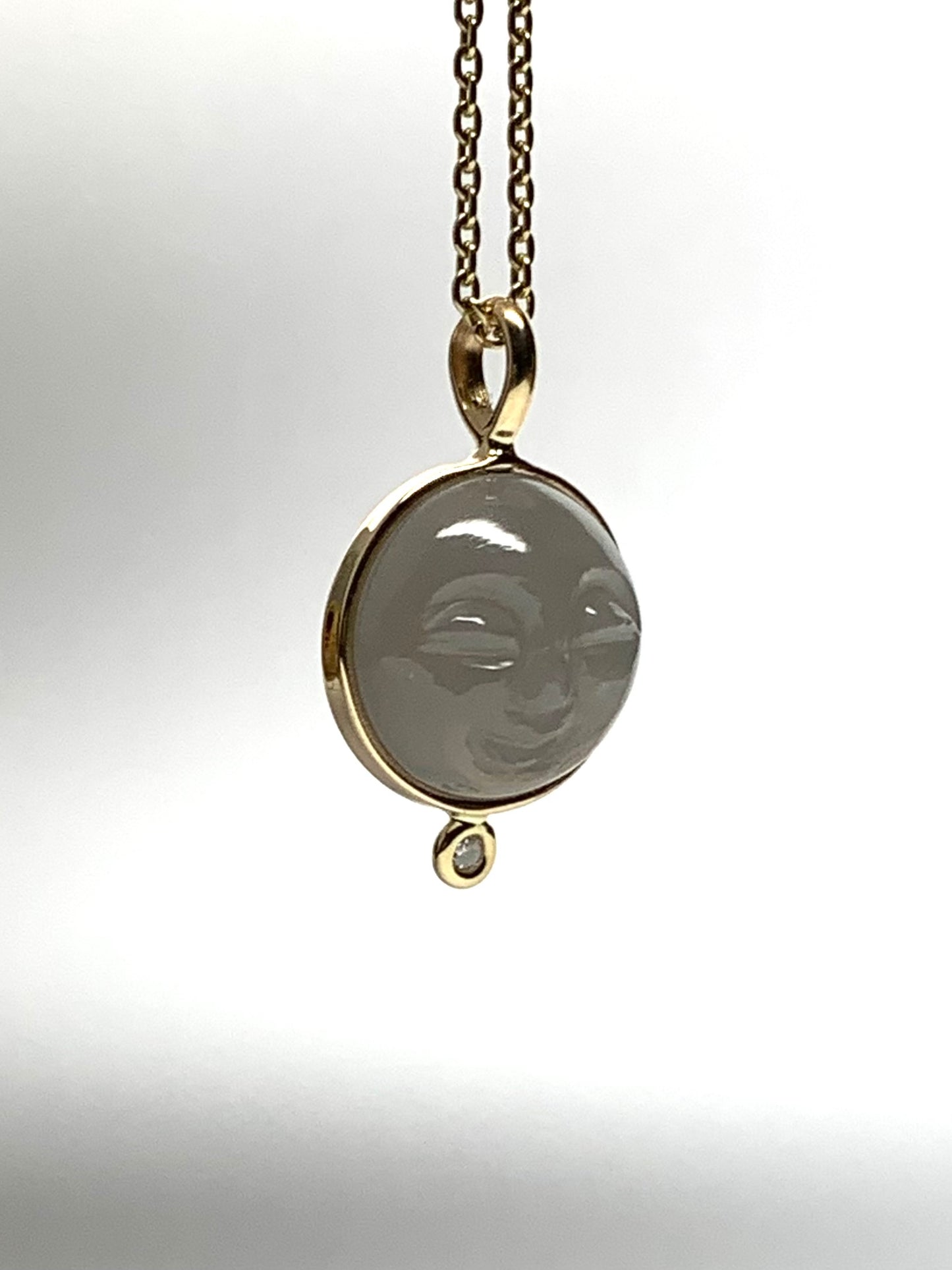 14k Solid Yellow Gold, White Diamond, Grey Moonstone “Moon and Star” Pendant, Small Size
