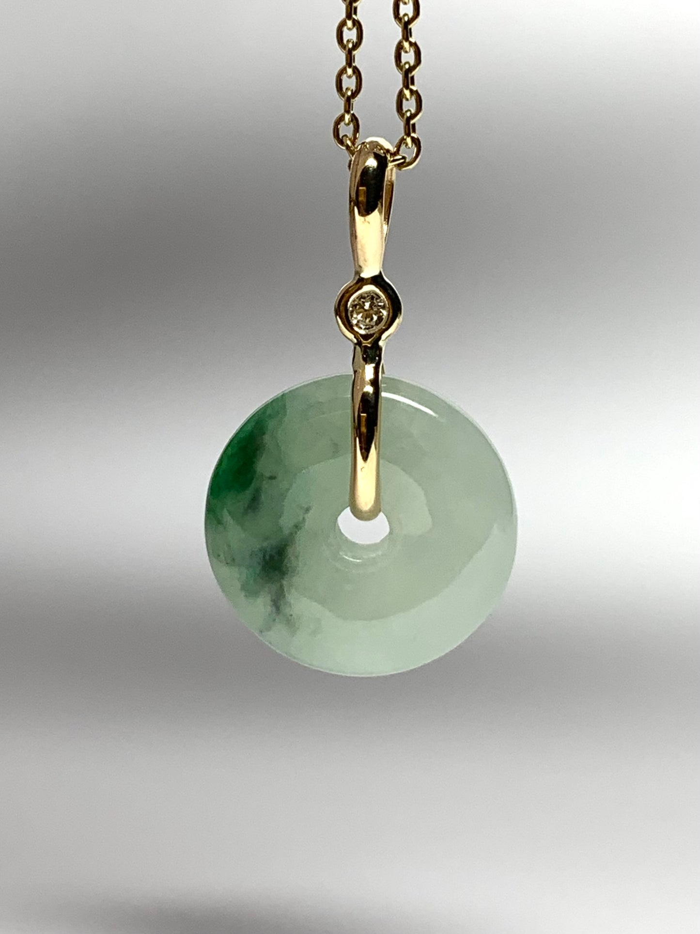 14k Solid Yellow Gold, White Diamond, Pale Green Jade “Donut” Pendant, Mini Size