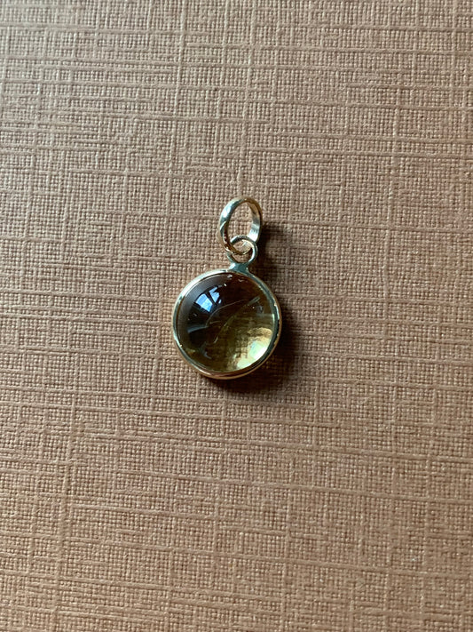 14k Solid Yellow Gold, Yellow Citrine Round Cabochon Mini Pendant