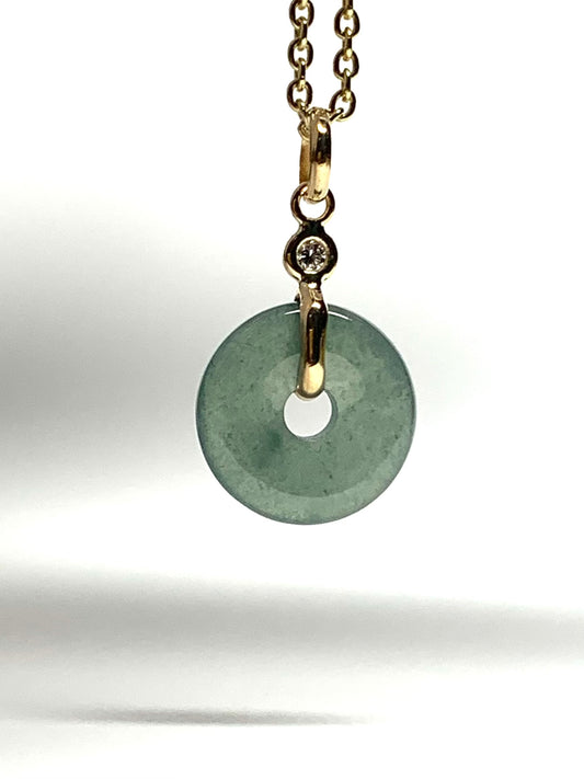 14k Solid Yellow Gold, White Diamond, Pale Green Jade “Donut” Pendant, Tiny Size