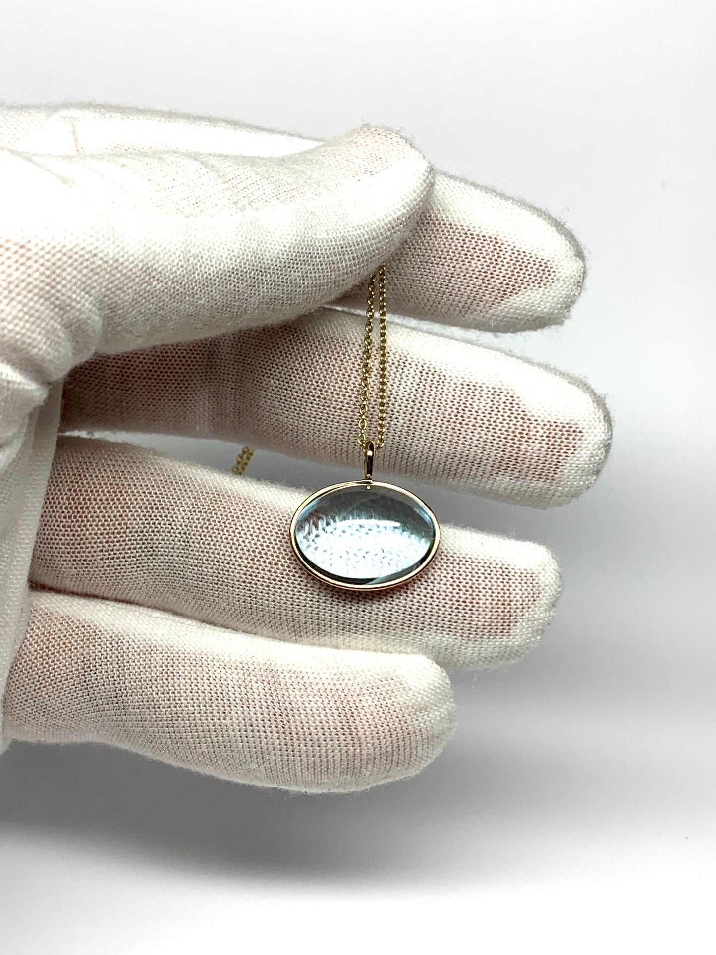 14k Solid Yellow Gold, Blue Topaz Oval Cabochon Pendant, Small Size