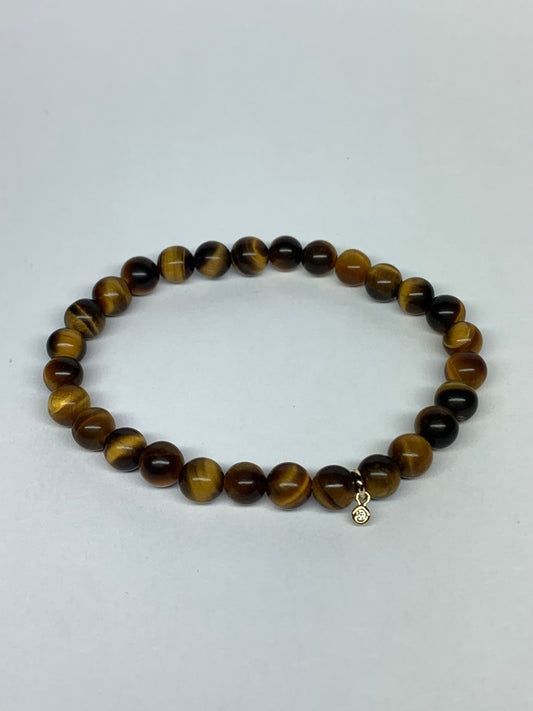 14k Solid Yellow Gold, White Diamond, “Tiger Eye” Beads Stretch Bracelet