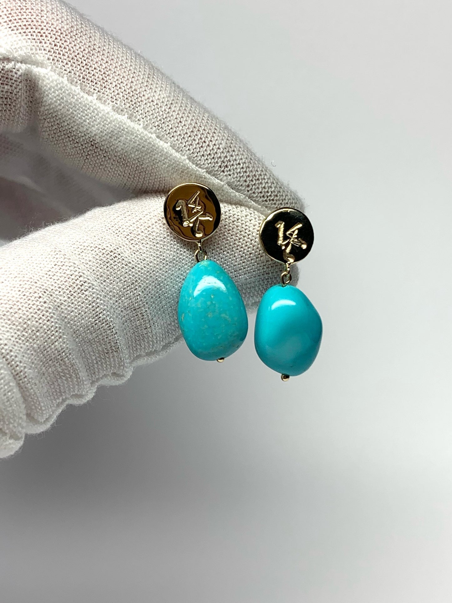 14k Solid Yellow Gold Nuggets, Natural Sleeping Beauty Turquoise Drop Earrings