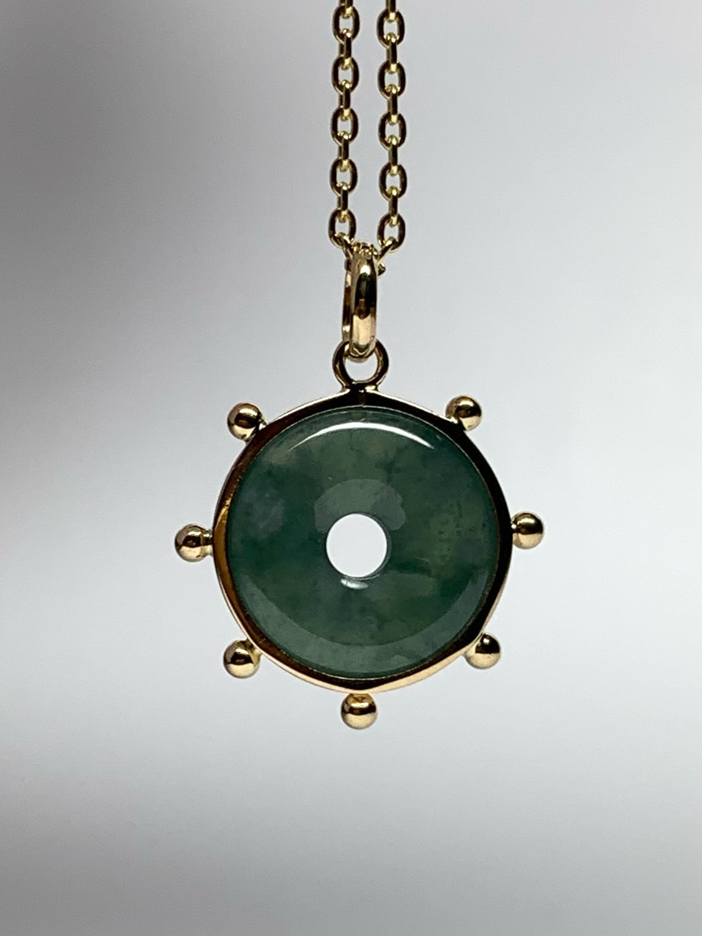 14k Solid Yellow Gold, Natural Green Jade Donut “Sun” Pendant, Mini Size