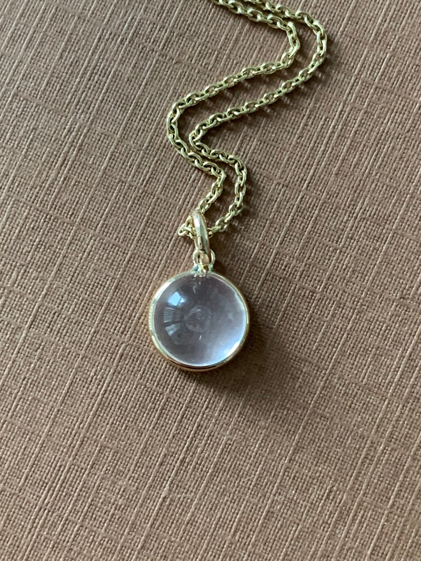 14k Solid Yellow Gold, Pink Quartz Round Cabochon Mini Pendant