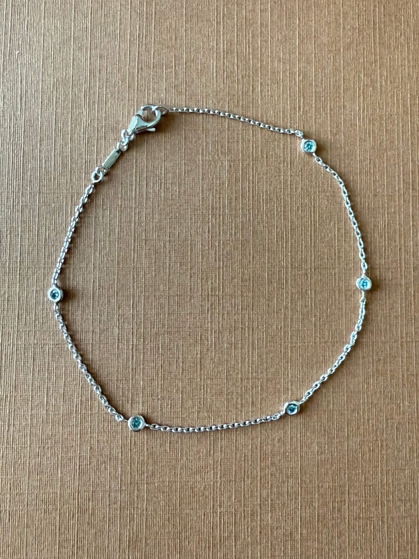 14k Solid White Gold, Genuine Blue Diamonds Station Bracelet