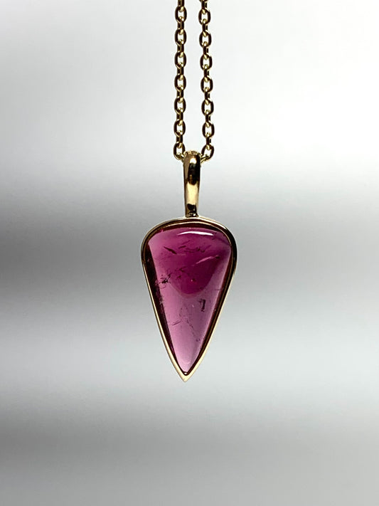 14k Solid Yellow Gold, Natural Dark Pink Tourmaline “Arrowhead” Pendant, Mini Size