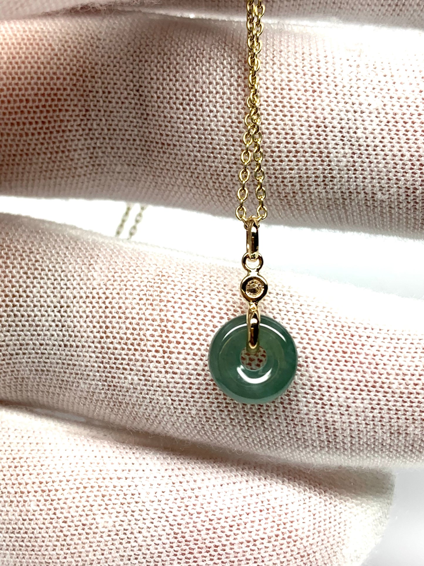 14k Solid Yellow Gold, White Diamond, Pale Green Jade “Donut” Pendant, Tiny Size