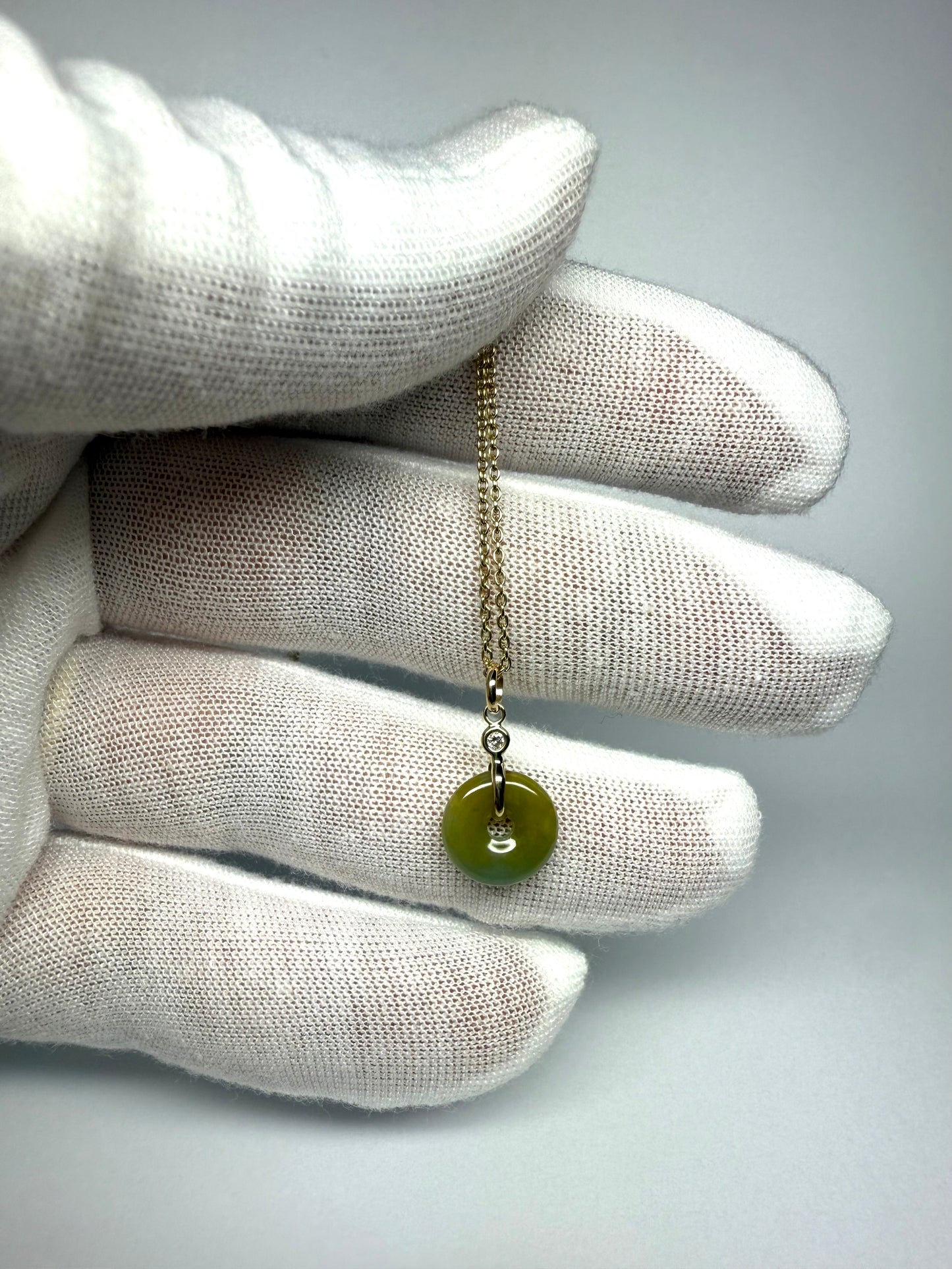 14k Solid Yellow Gold, White Diamond, Pale Green Jade “Donut” Pendant, Tiny Size