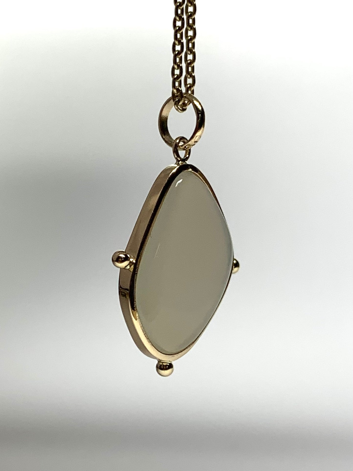 14k Solid Yellow Gold, White Moonstone Flat Cabochon Pendant, With Golden Dots