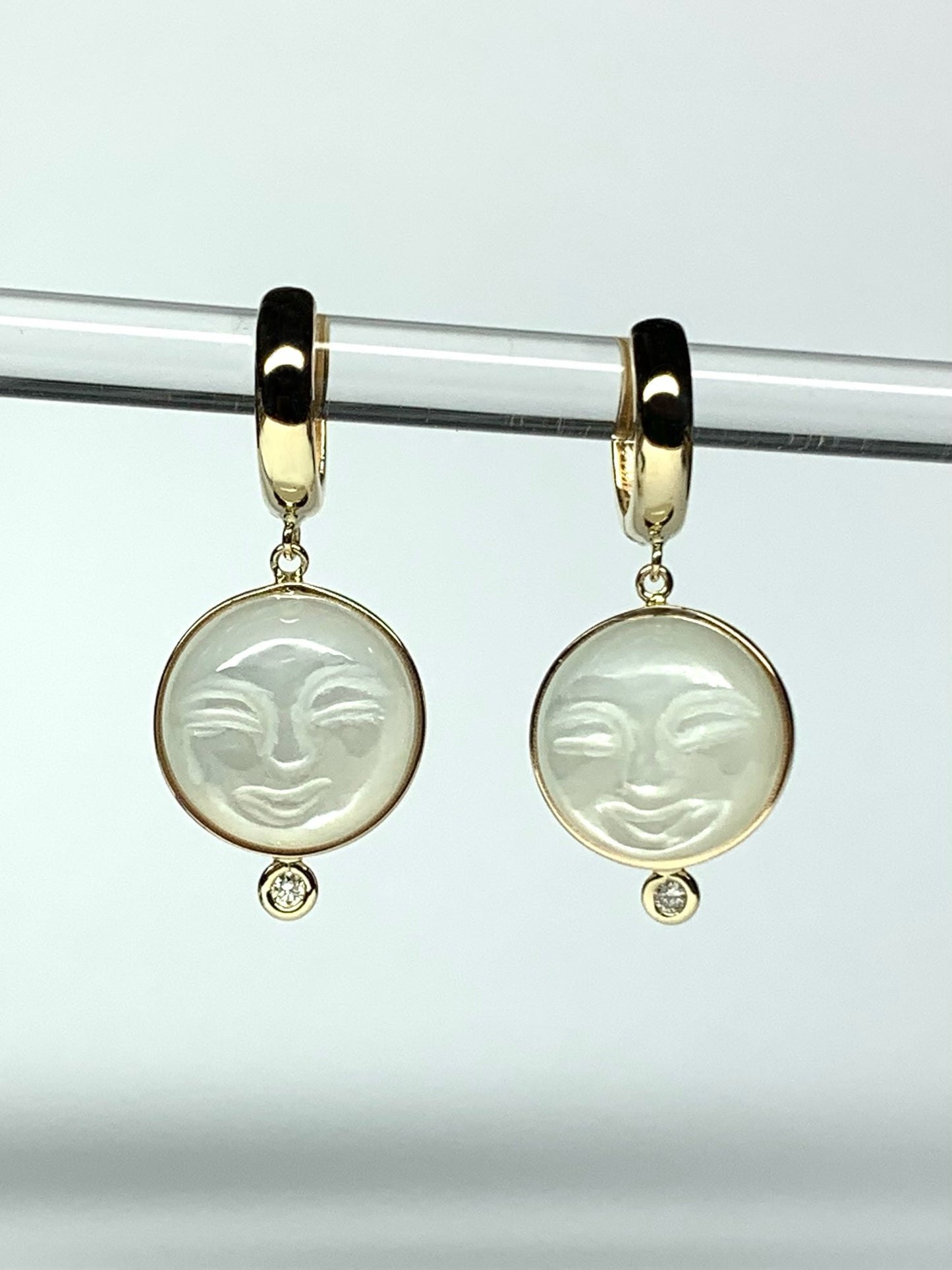 14k Solid Yellow Gold, Diamonds, White Moonstone “Moon and Star” Mini Earrings