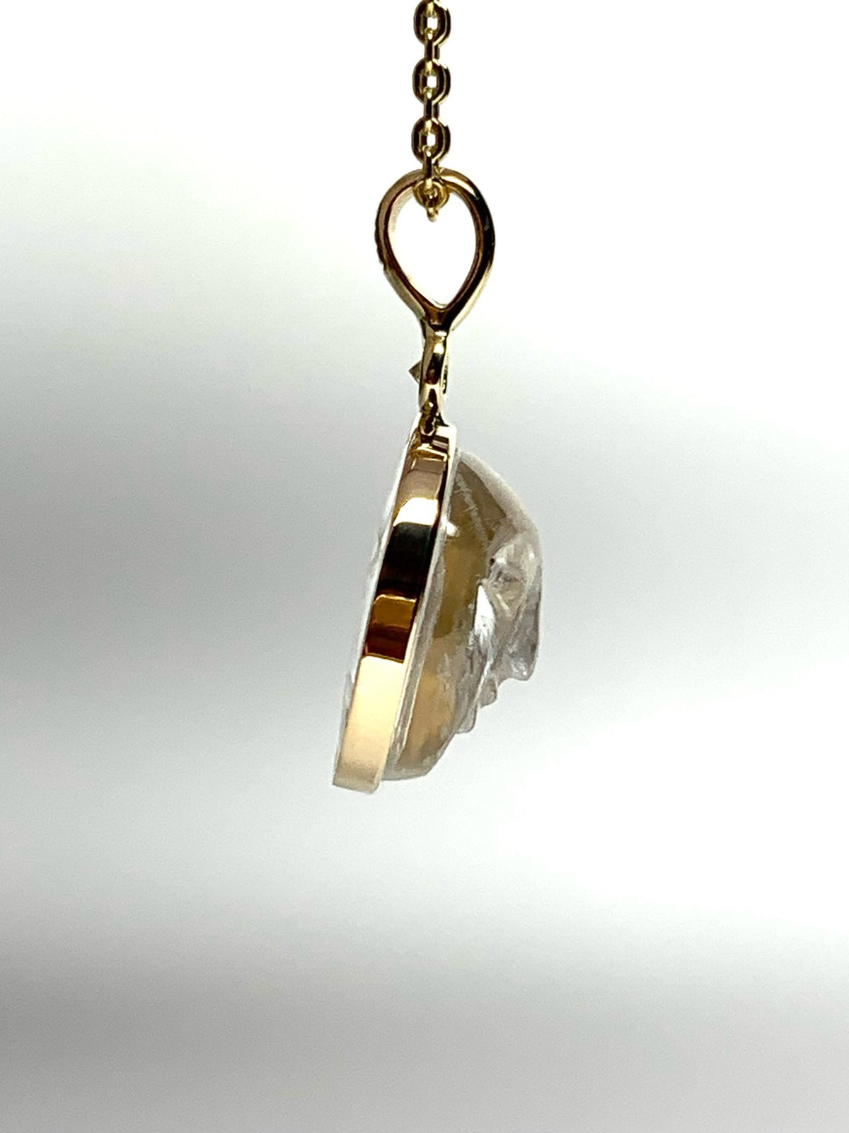 14k Solid Yellow Gold, Clear Quartz, White Diamond “Moon and Star” Pendant, Carved Face, Small Size