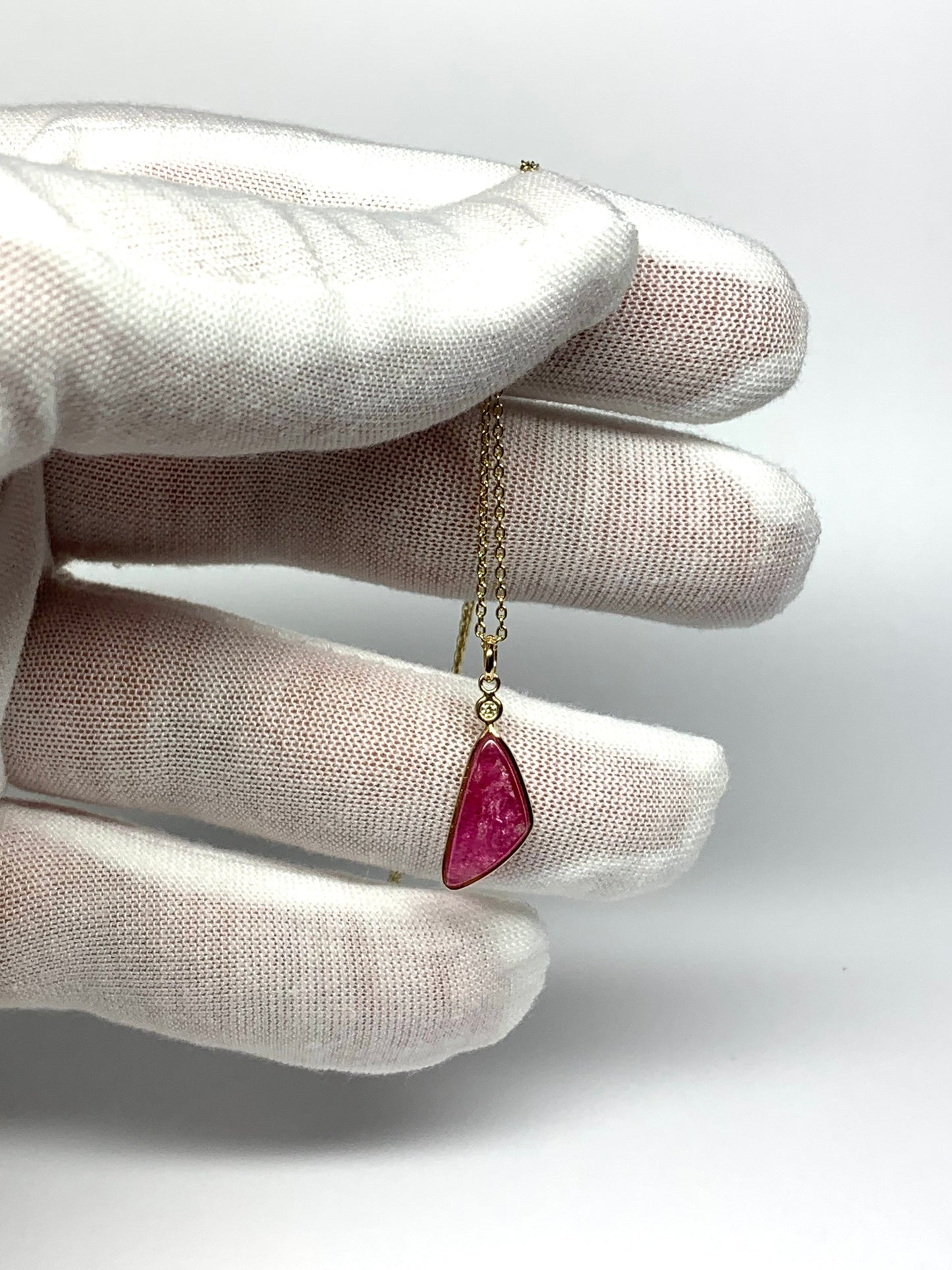14k Solid Yellow Gold, Natural White Diamond, Natural Pink Tourmaline Mini Pendant
