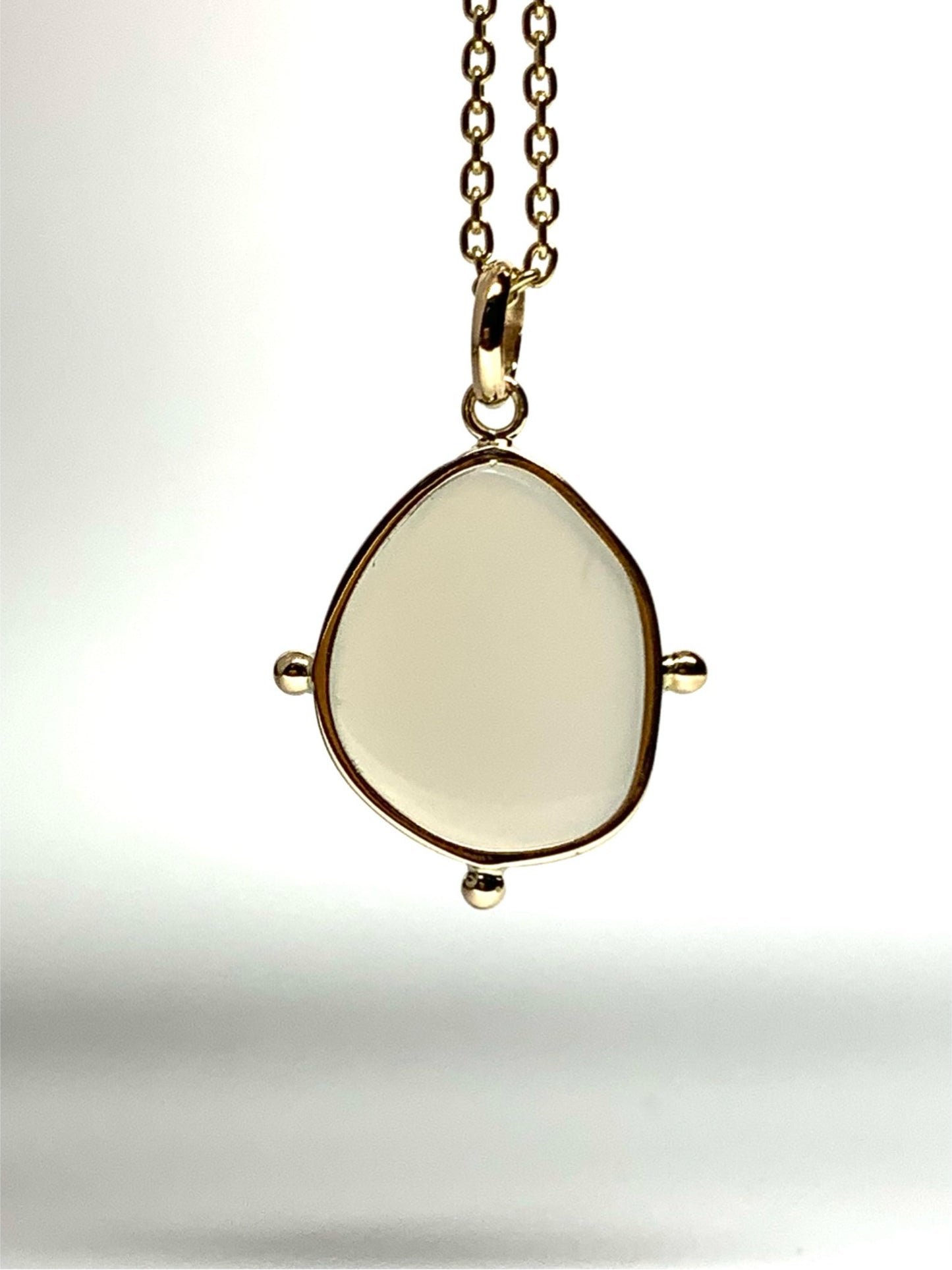 14k Solid Yellow Gold, White Moonstone Flat Cabochon Pendant, With Golden Dots