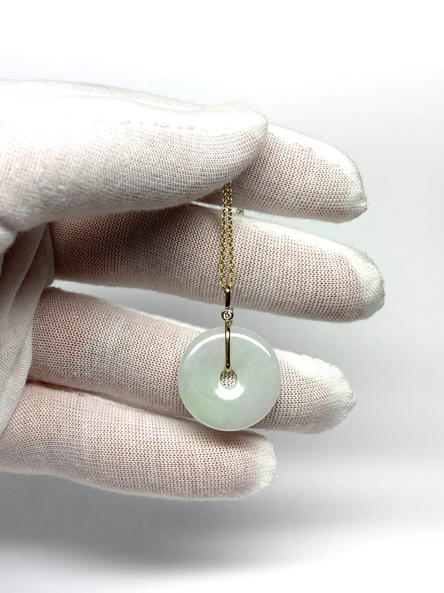 14k Solid Yellow Gold, Very Pale Green Jade “Donut”, White Diamond Pendant