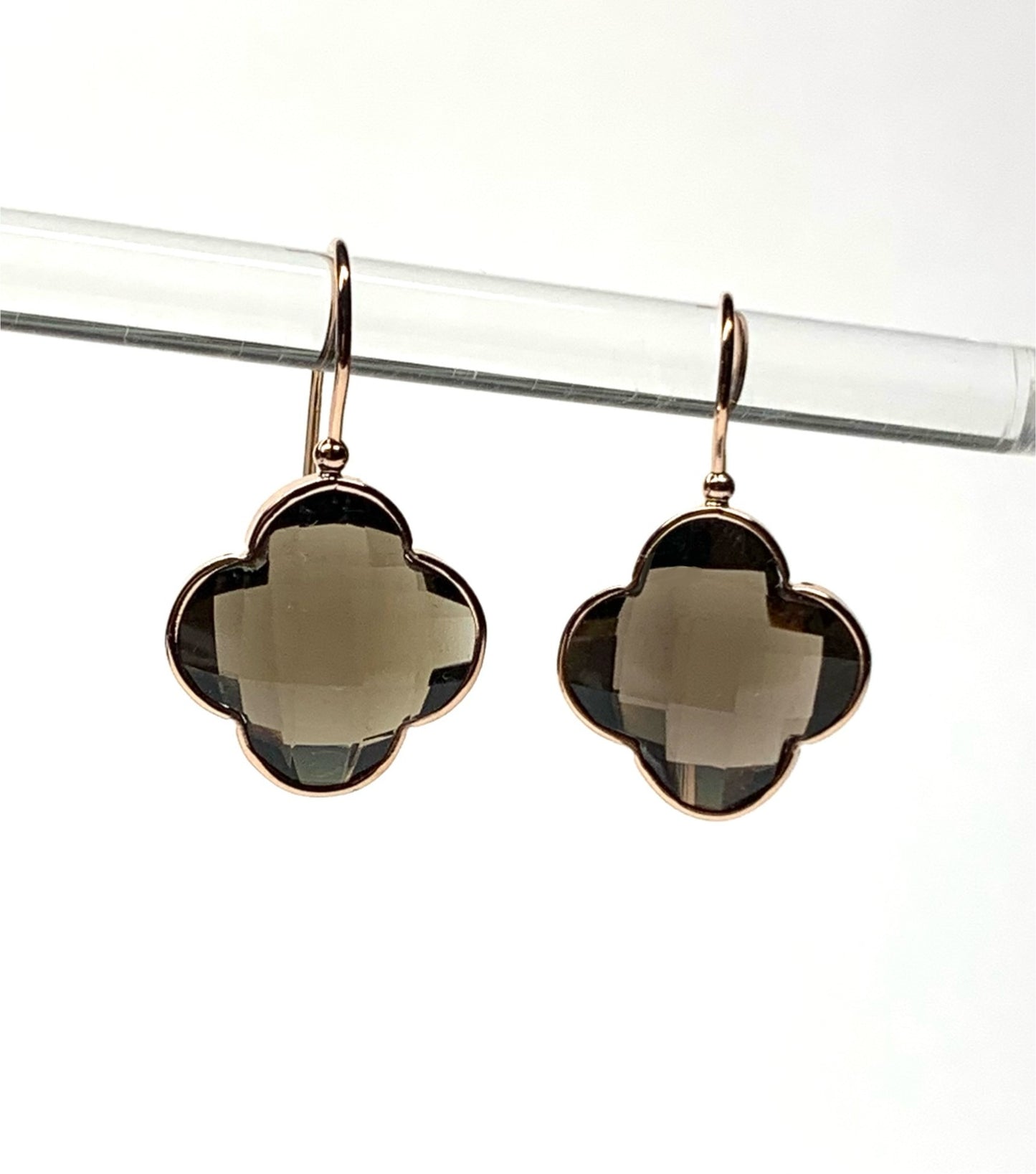 14k Solid Rose Gold Smoky Quartz “Clover” Earrings, Checkerboard Cut, Fish Hook Ear Wires