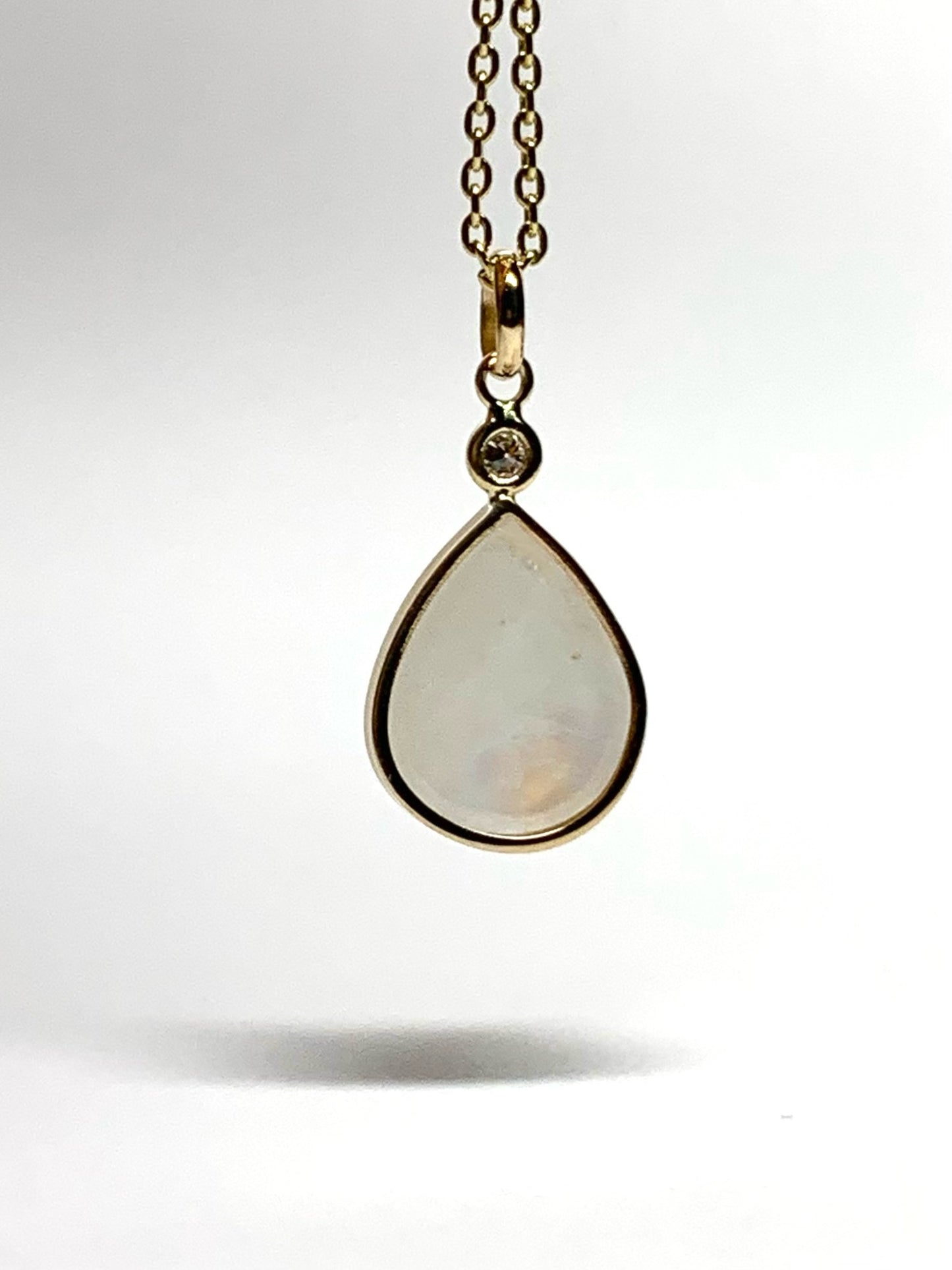 14k Solid Yellow Gold, White Diamond, Rainbow Moonstone “Rainbow Moon” Pendant, Mini Size