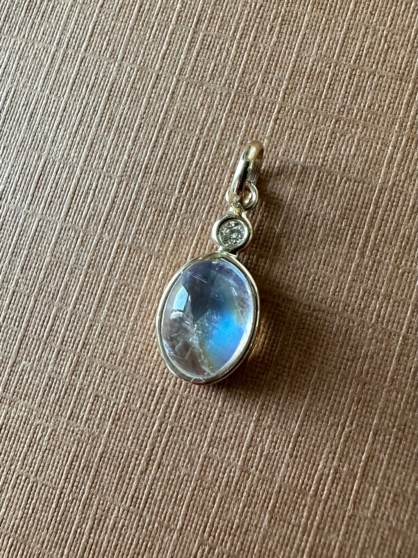 Tiny 14k Solid Yellow Gold, Diamond, Oval Blue Rainbow Moonstone Mini Pendant