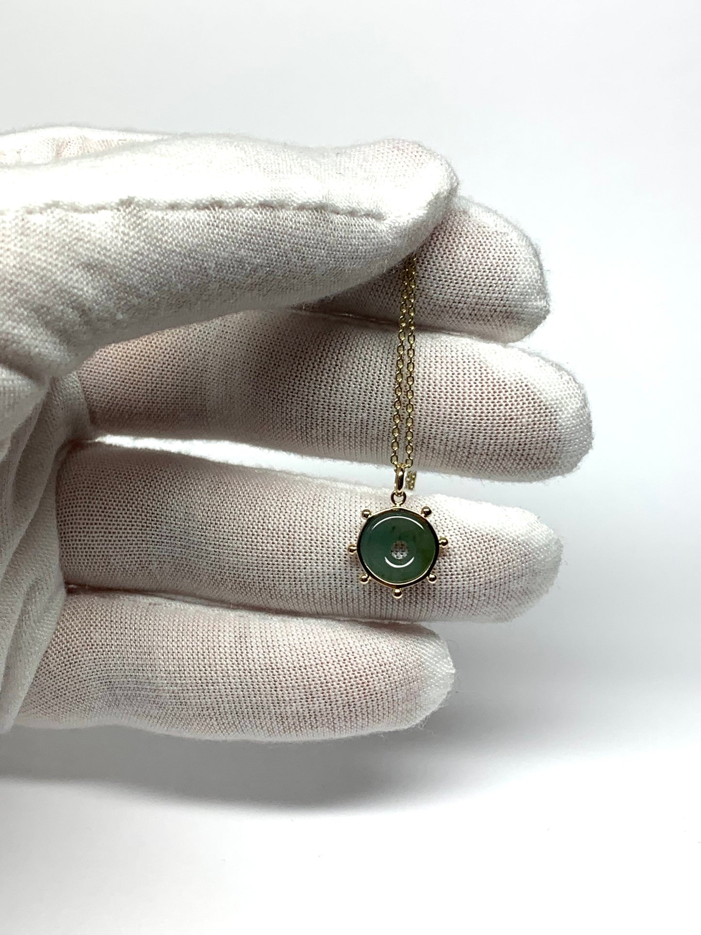 14k Solid Yellow Gold, Natural Green Jade Donut “Sun” Pendant, Mini Size