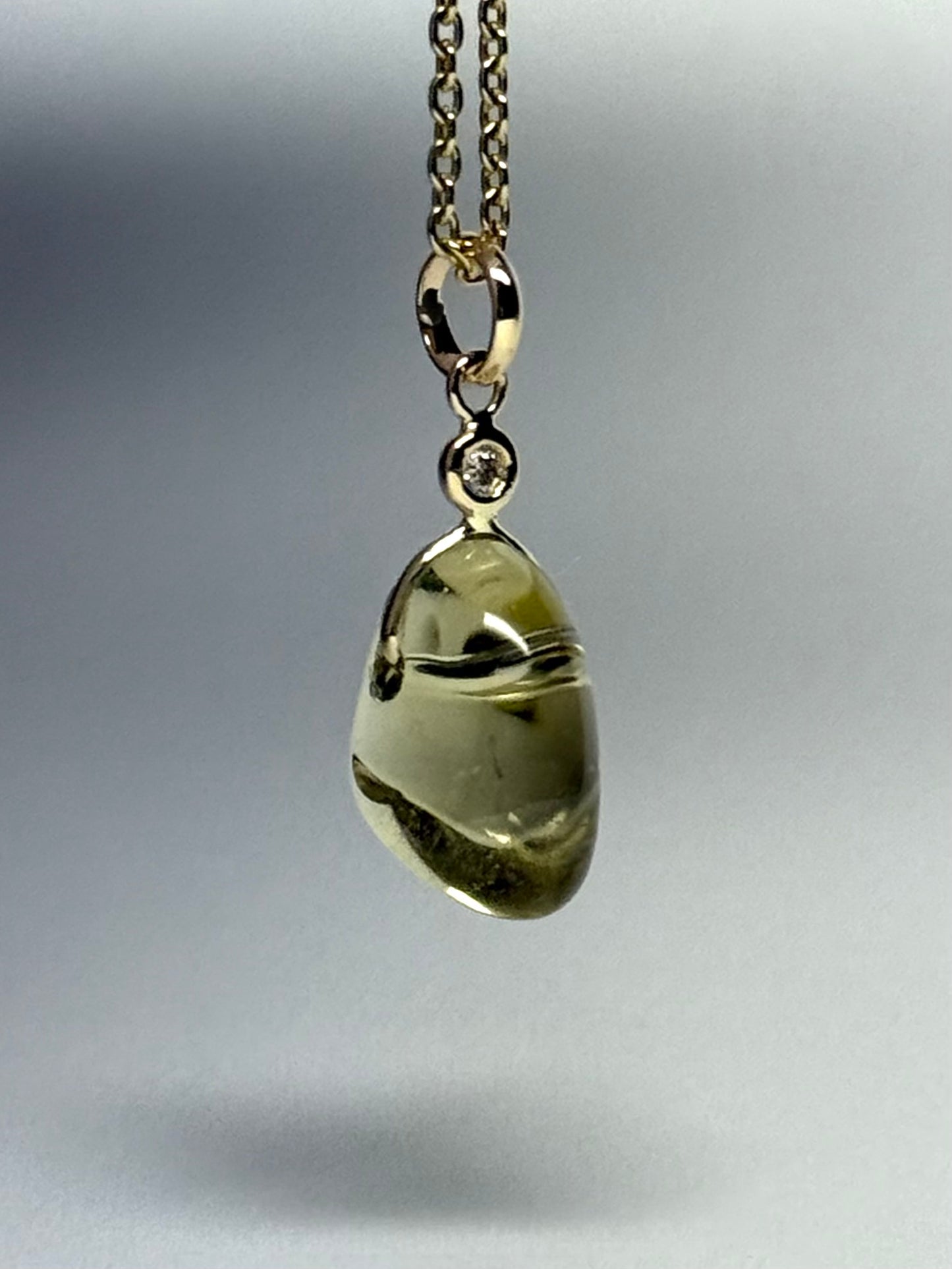 14k Solid Yellow Gold, Diamond, Lemon Quartz Tumbled Nugget Bead Pendant, Mini Size