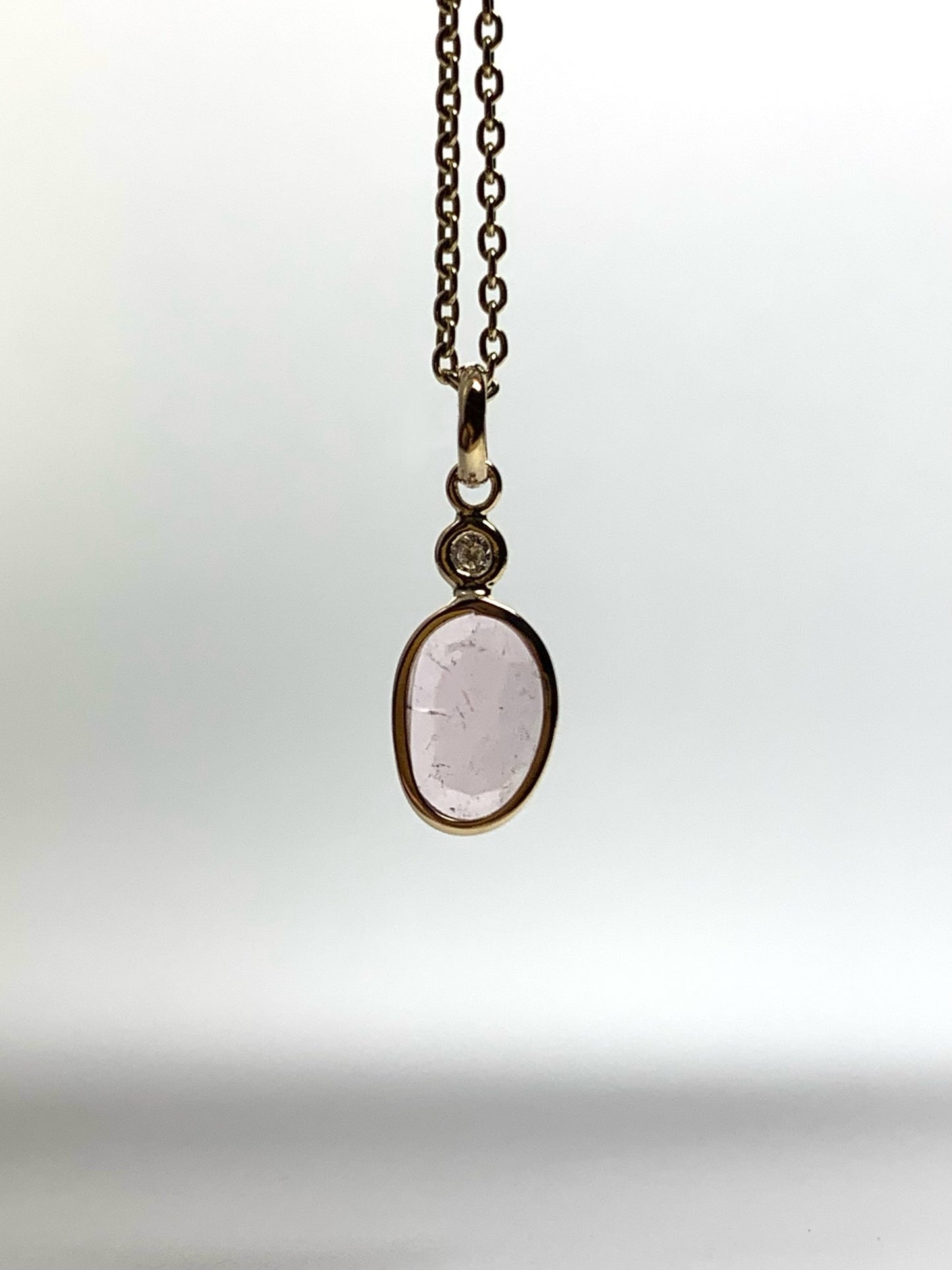 14k Solid Yellow Gold, White Diamond, Pink Tourmaline Tiny Pendant