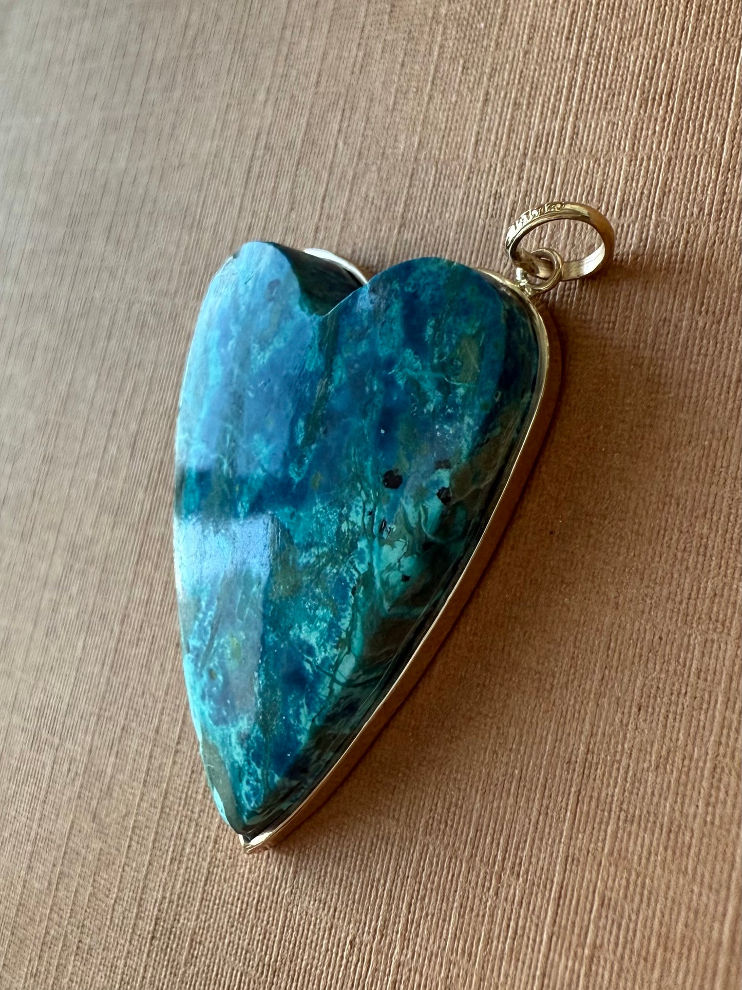 14k solid yellow gold blue chrysocolla heart large pendant for her by TINAKRIS 