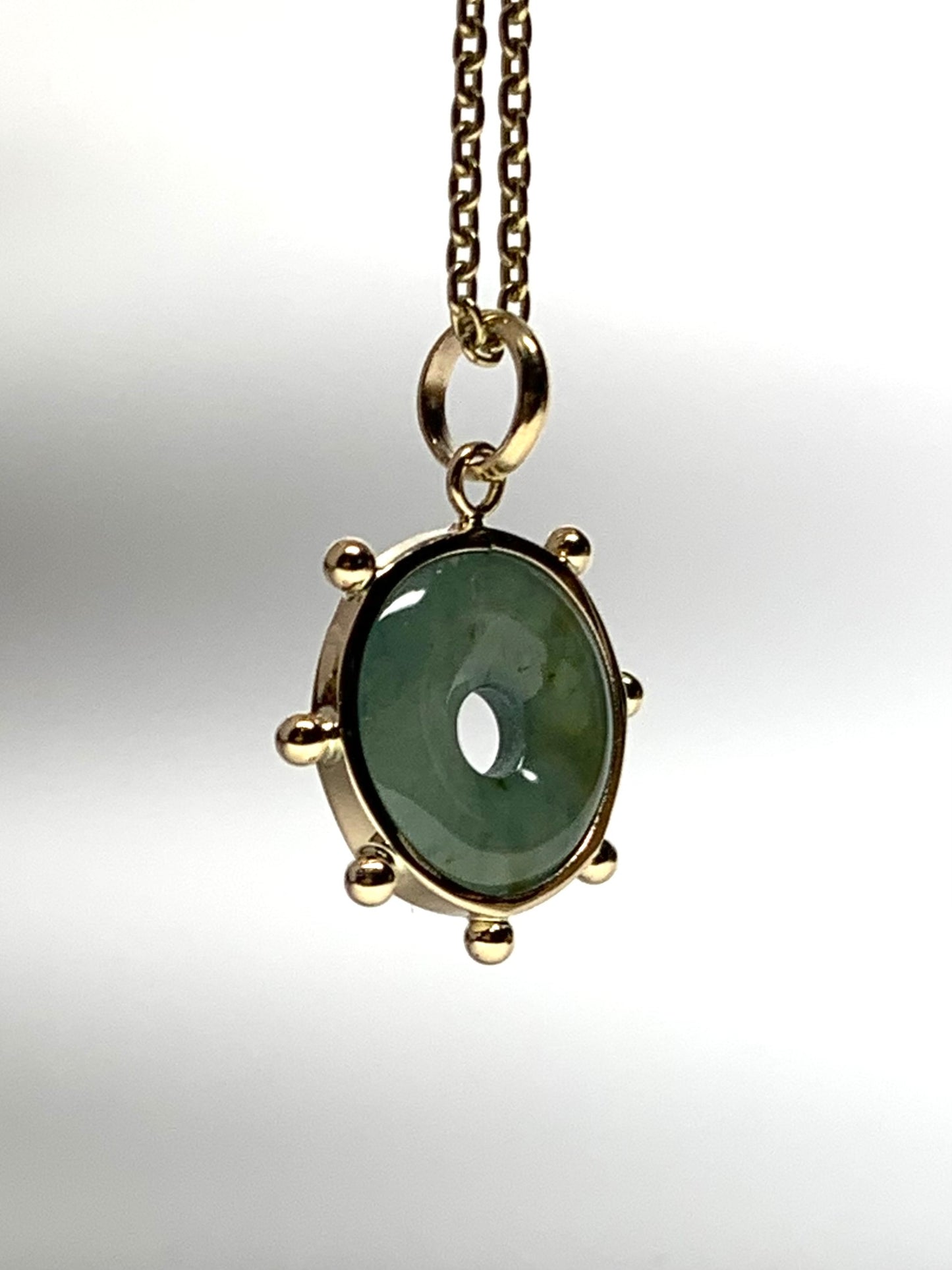 14k Solid Yellow Gold, Natural Green Jade Donut “Sun” Pendant, Mini Size