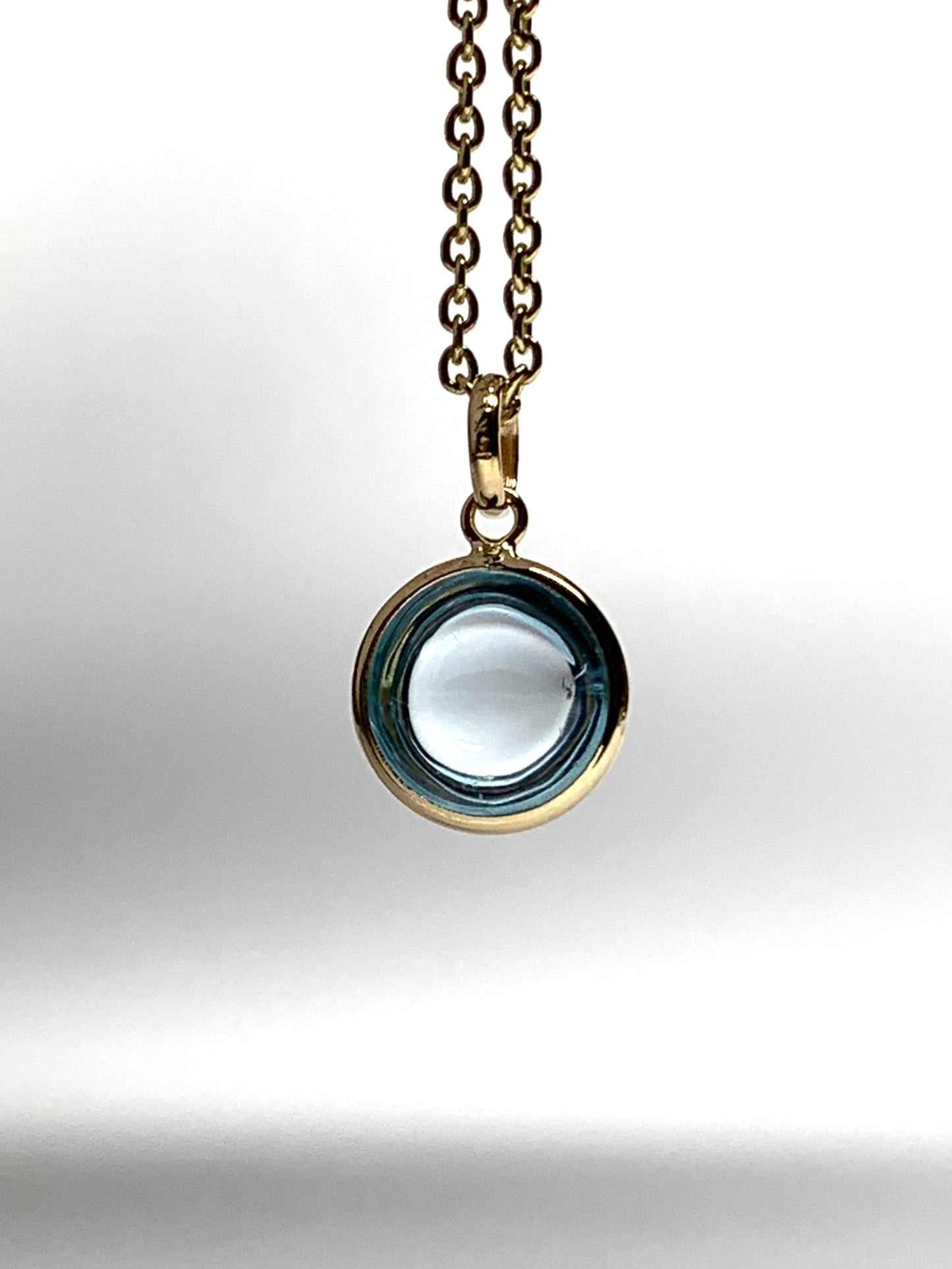 14k Solid Yellow Gold, Blue Topaz Round Cabochon Mini Pendant