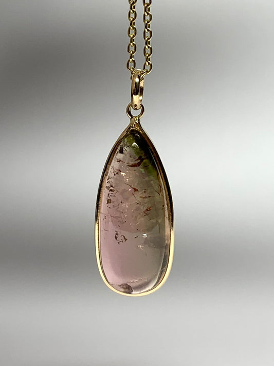 14k Solid Yellow Gold, Natural Bicolor Green Pink Tourmaline Drop Pendant