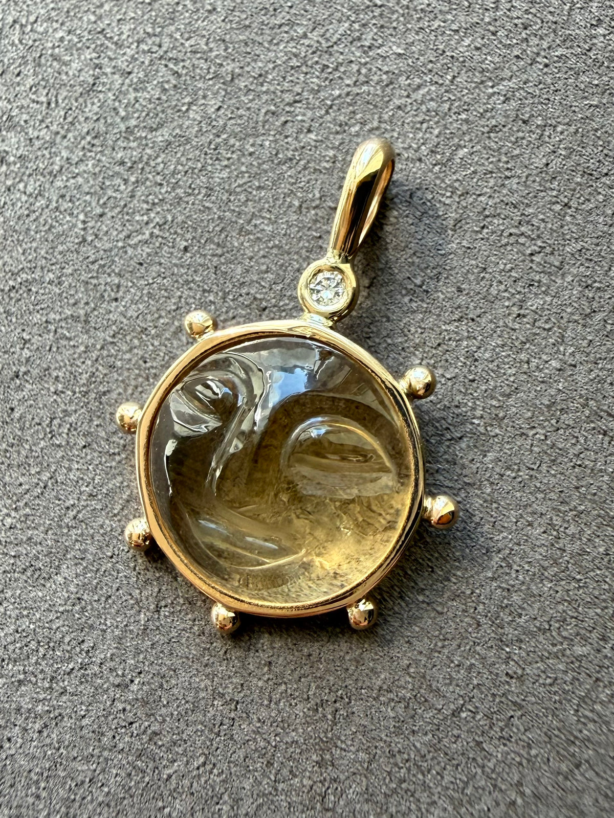 14k Solid Yellow Gold, White Diamond, Yellow Citrine “Sun” Pendant, Small Size