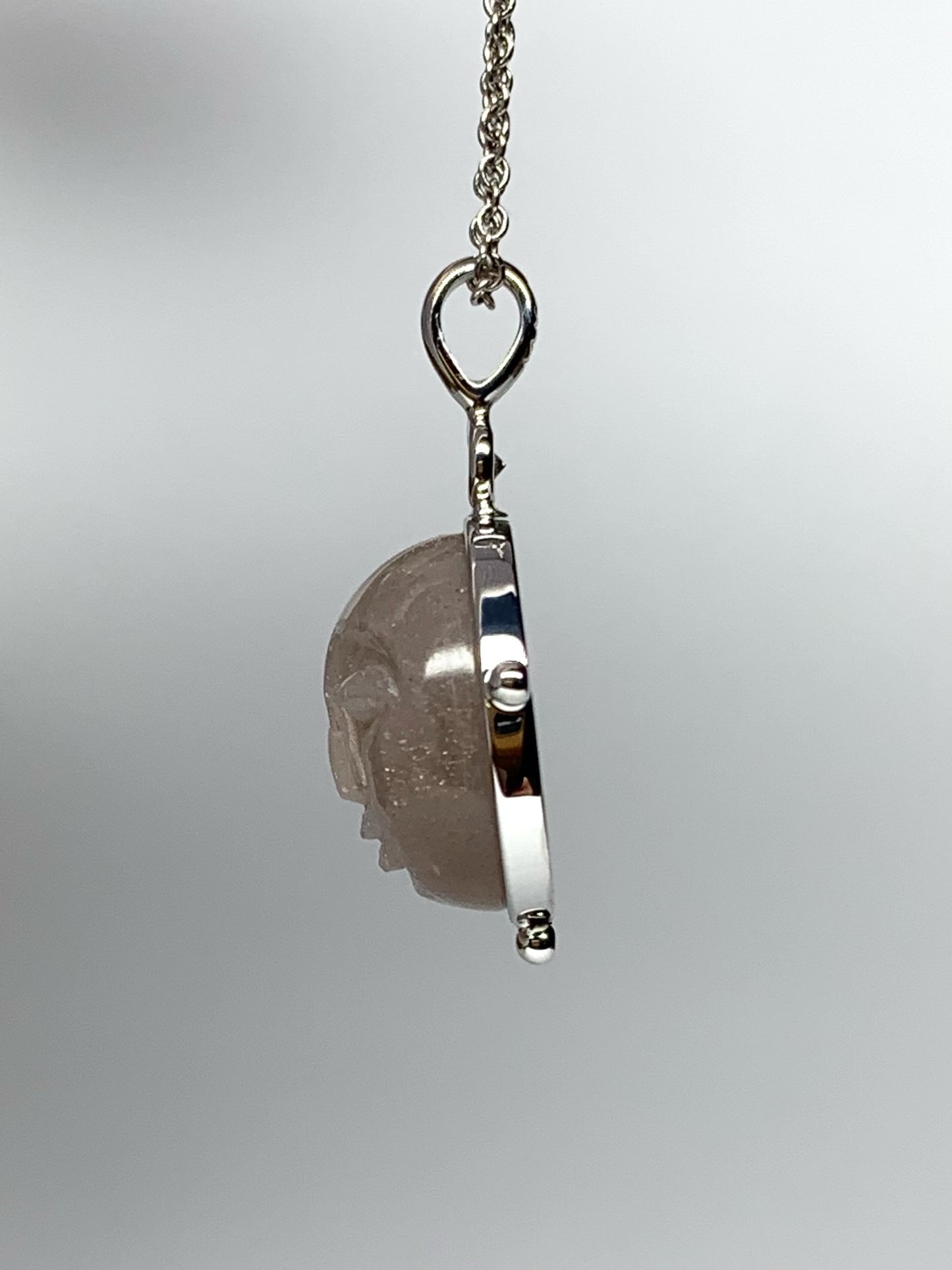 14k Solid White Gold, Diamond, Grey Moonstone “Moon Baby” Pendant, Carved Face
