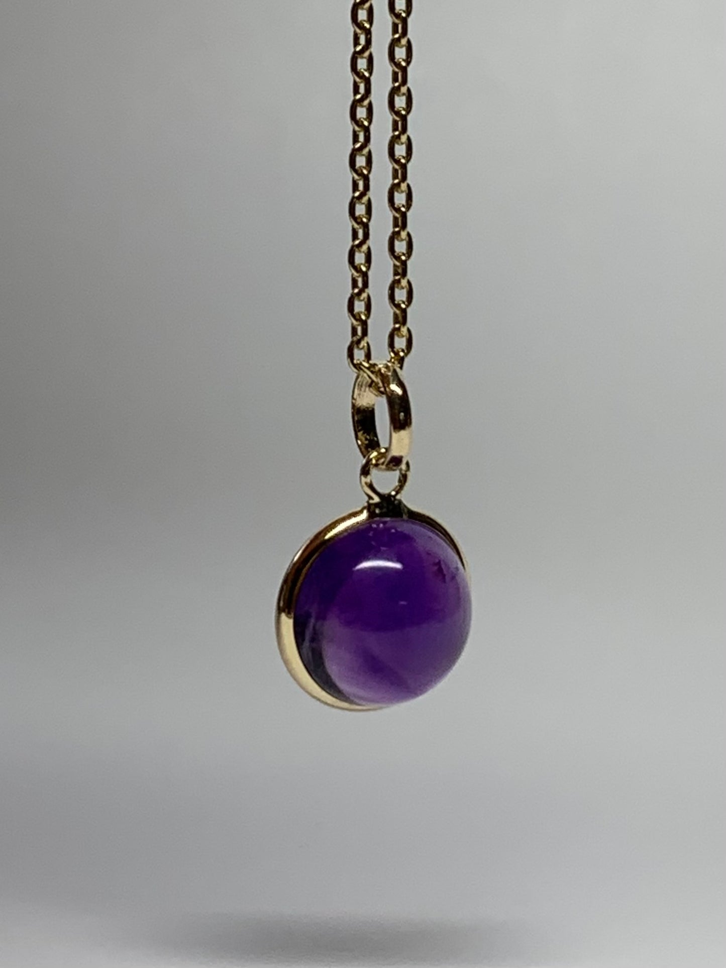 14k Solid Yellow Gold, Purple Amethyst Round Cabochon Mini Pendant