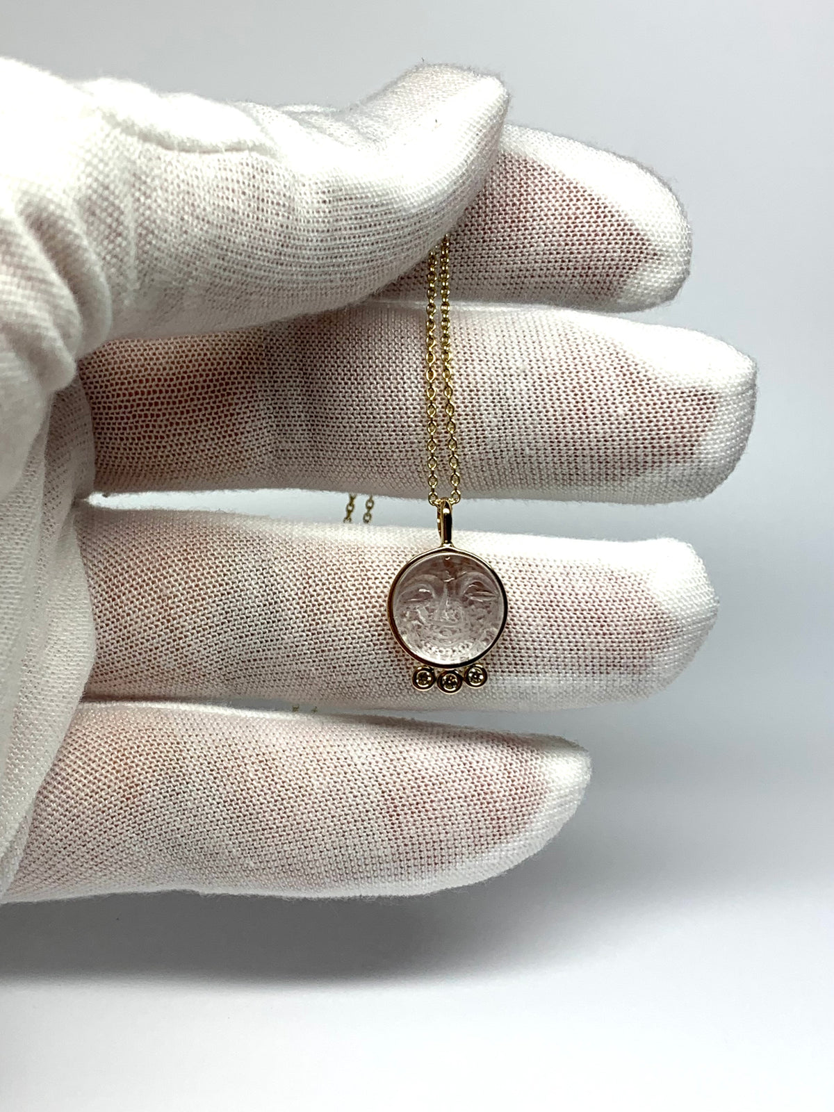 14k Solid Yellow Gold, Clear Quartz, White Diamonds “Moon and Stars” Pendant, Carved Face, Small Size