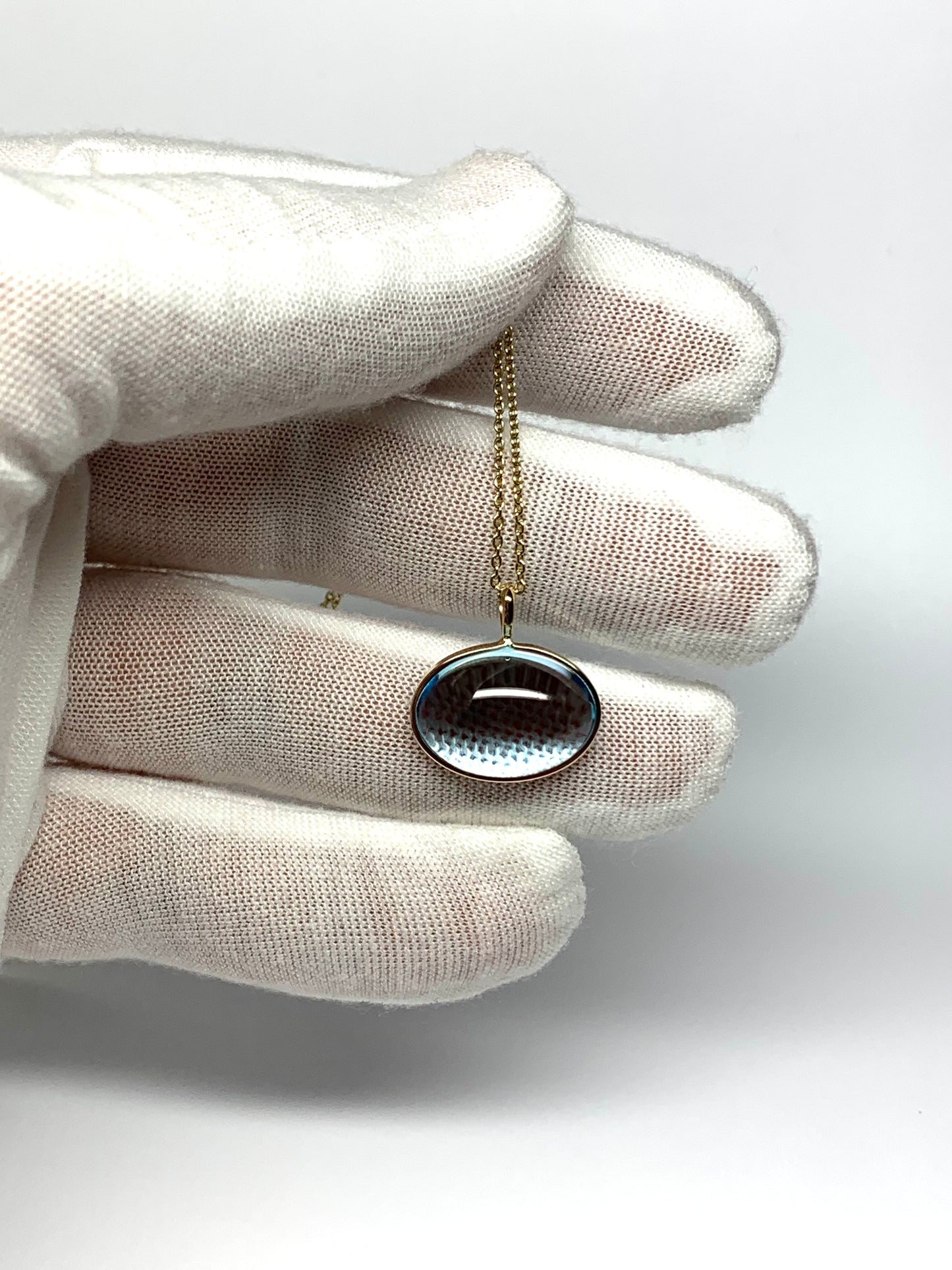 14k Solid Yellow Gold, Blue Topaz Oval Cabochon Pendant, Small Size