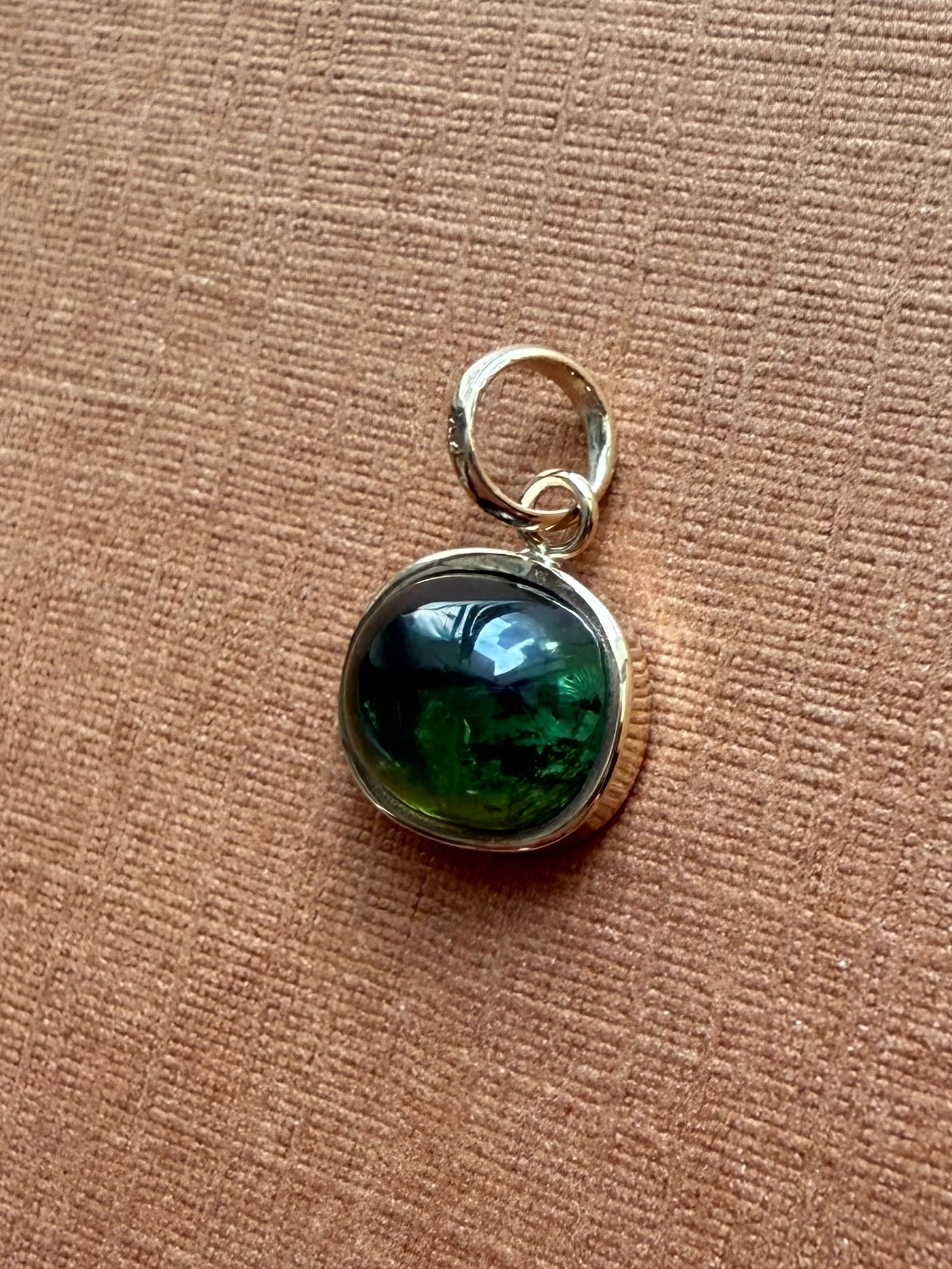14k Solid Yellow Gold, Natural Green Tourmaline Cabochon Tiny Pendant