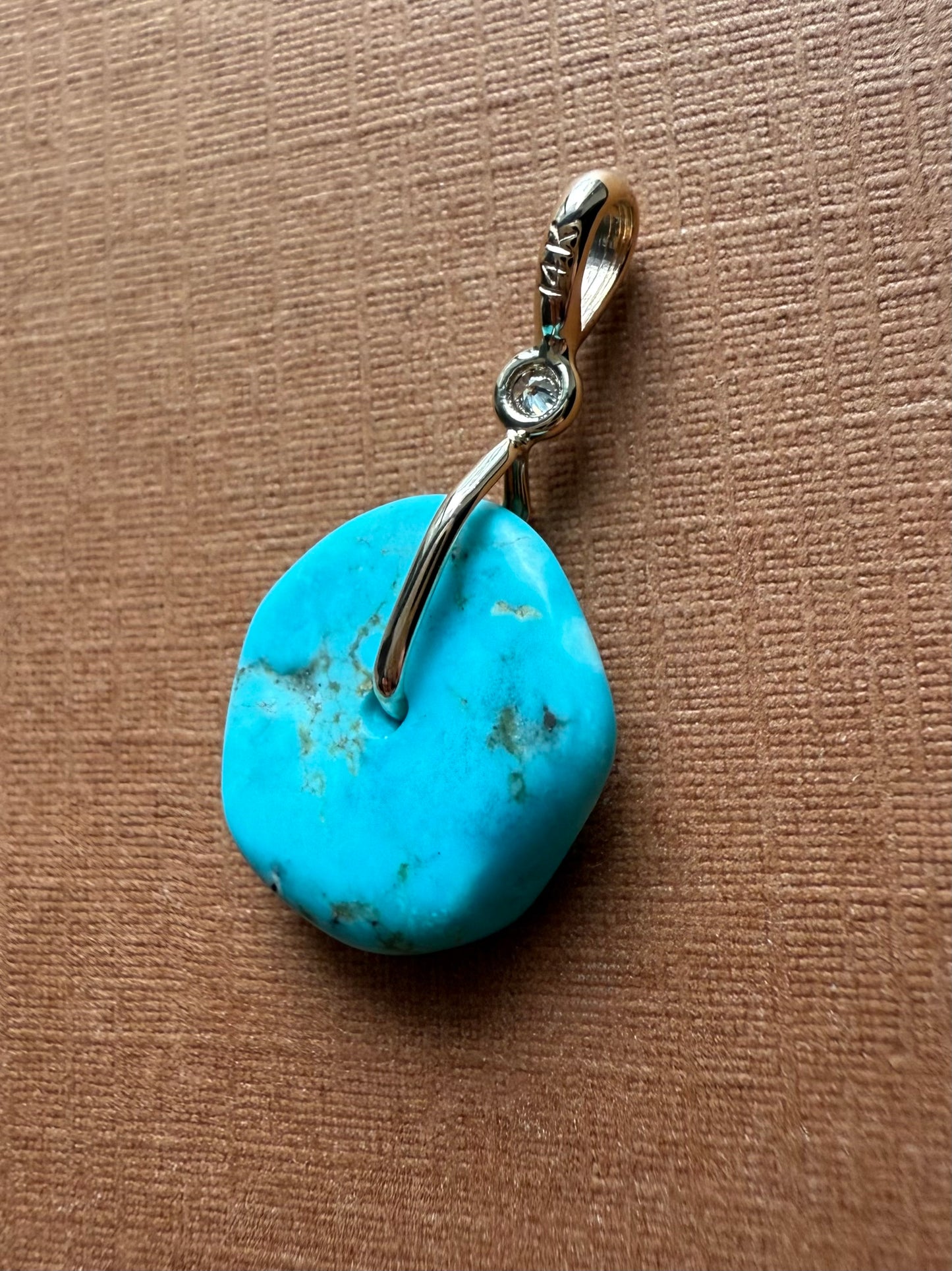 14K Solid Yellow Gold, White Diamond, Blue Turquoise “Donut” Mini Pendant